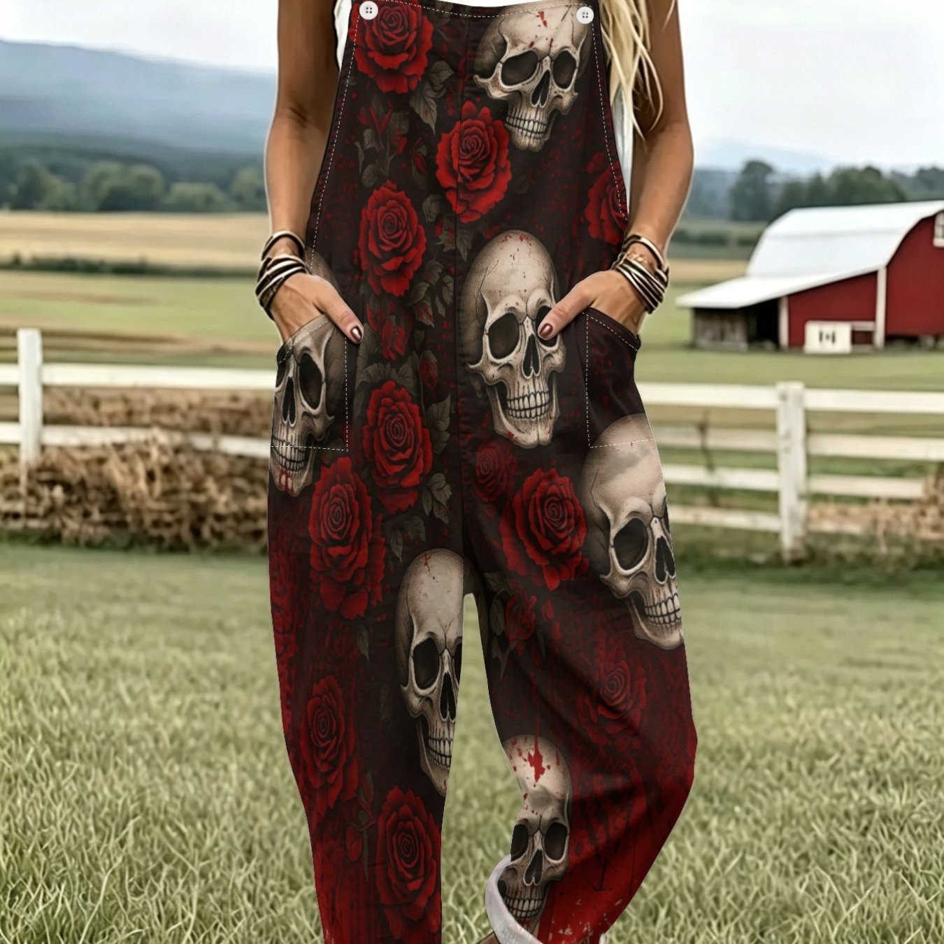TEMU Dark Retro Skull And Rose Overalls For Women, European And , Unique Print, Jumpsuit, Halloween Style, Versatile Wide-leg Pants.