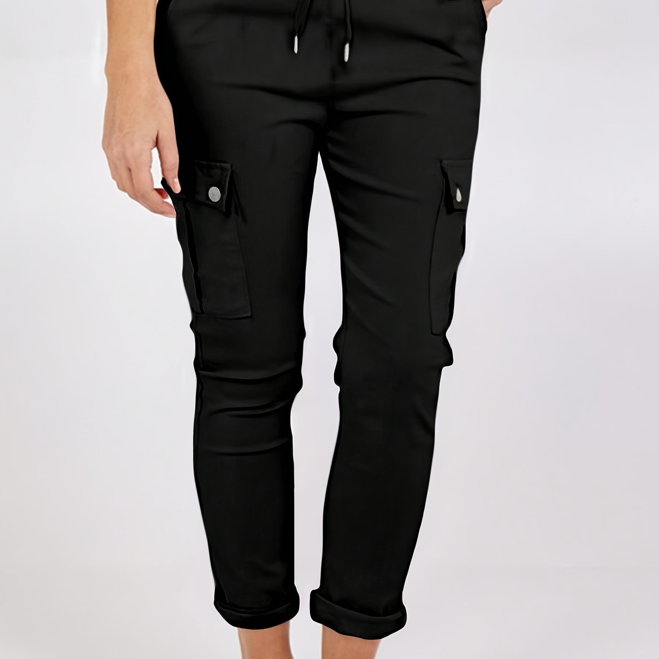 E-shop Damen-Slim-Fit-Hose in Unifarben mit Mehrfachtaschen - Leichte Bund mit Kordelzug für Frühling/Sommer - Elegante Urlaubs- & Freizeithose -