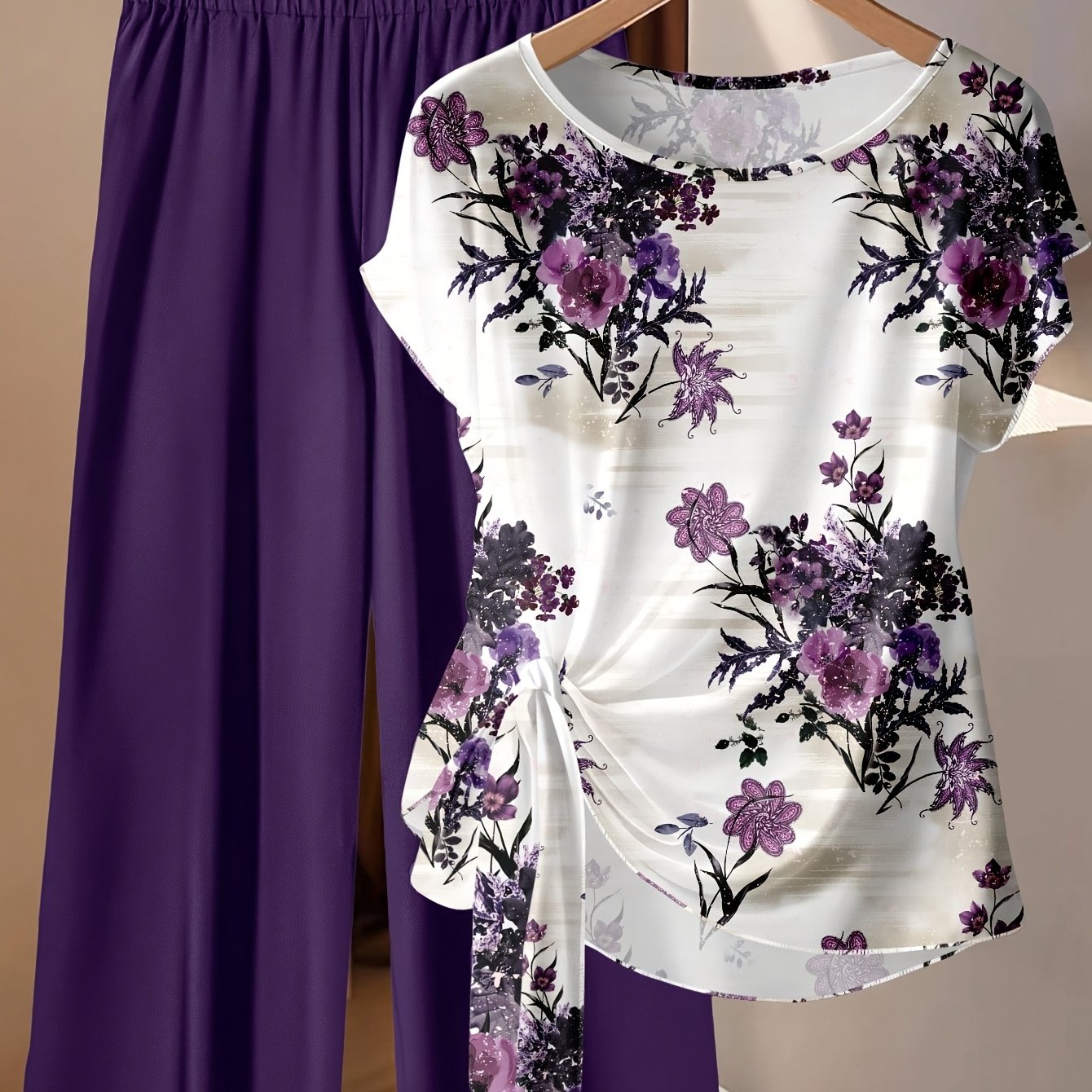 TEMU Ensemble haut décontracté pour femme à imprimé floral et pantalon de couleur unie