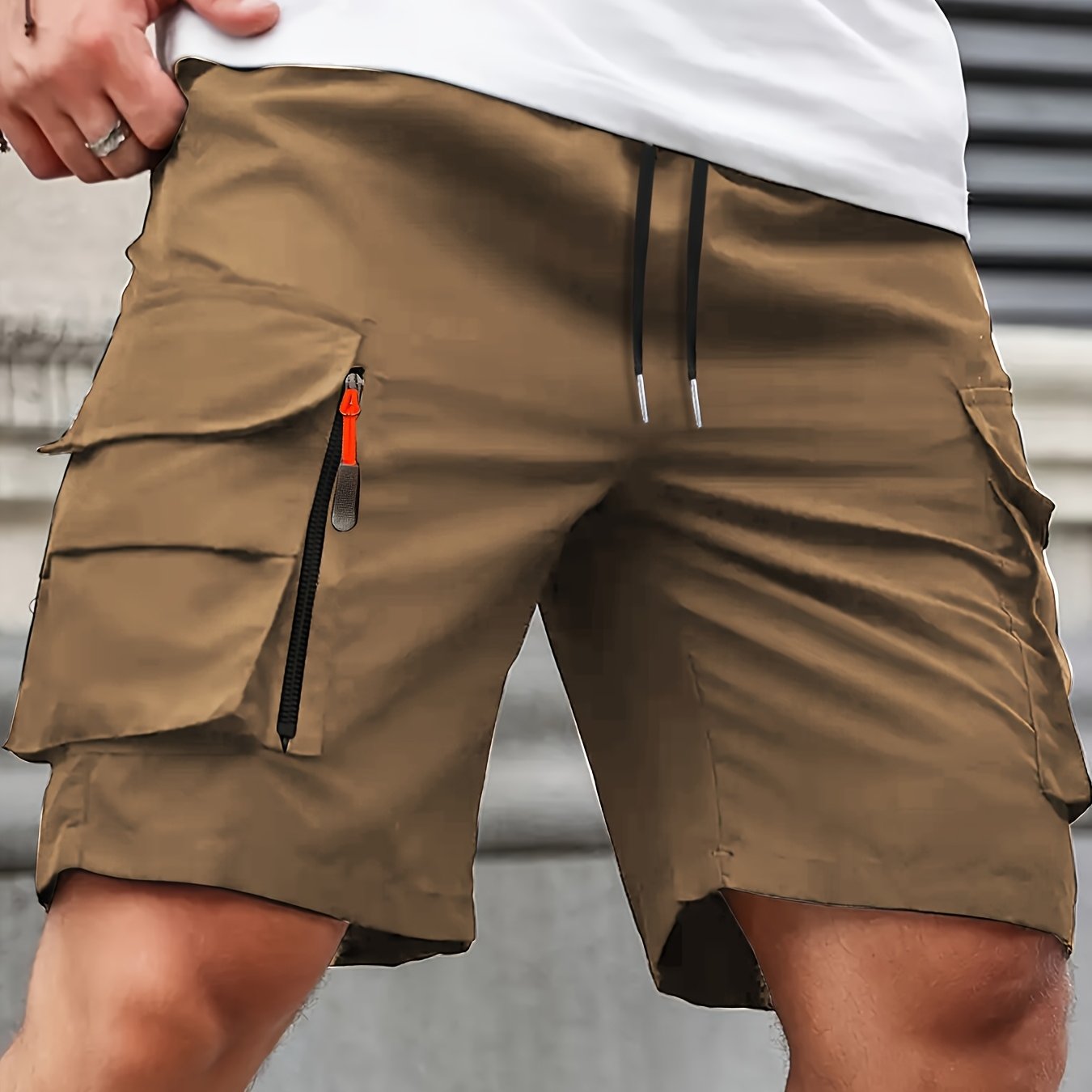 TEMU 1pc Men's Cargo Work Shorts - Durable Non-stretch Fabric, Multi-, Breathable And Fade-resistant - Drawstring Waist Casual Outdoor Shorts,