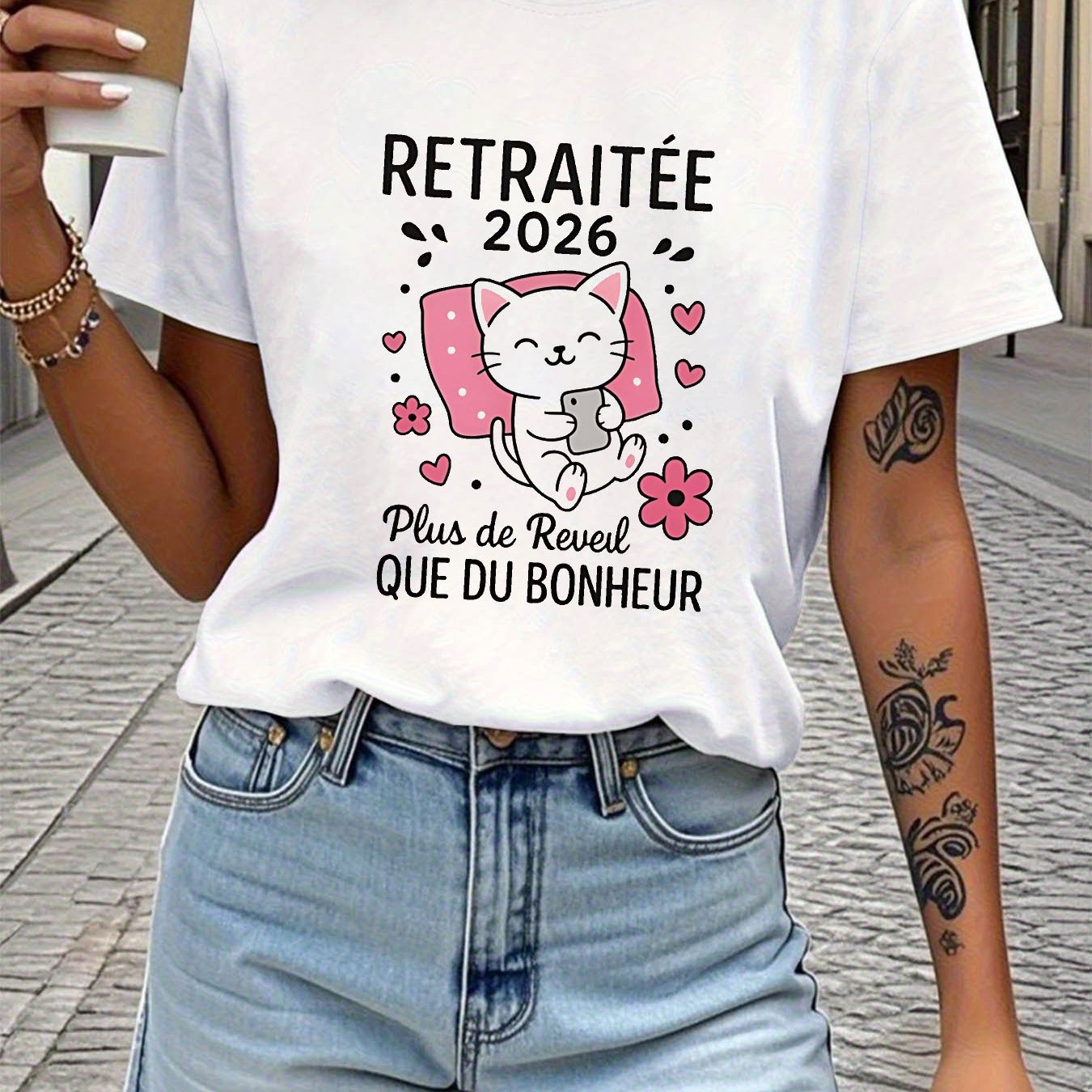 TEMU T-shirt de retraite français pour femme « Plus de réveils, du » - Haut décontracté à manches courtes et col ras du cou compatible avec une
