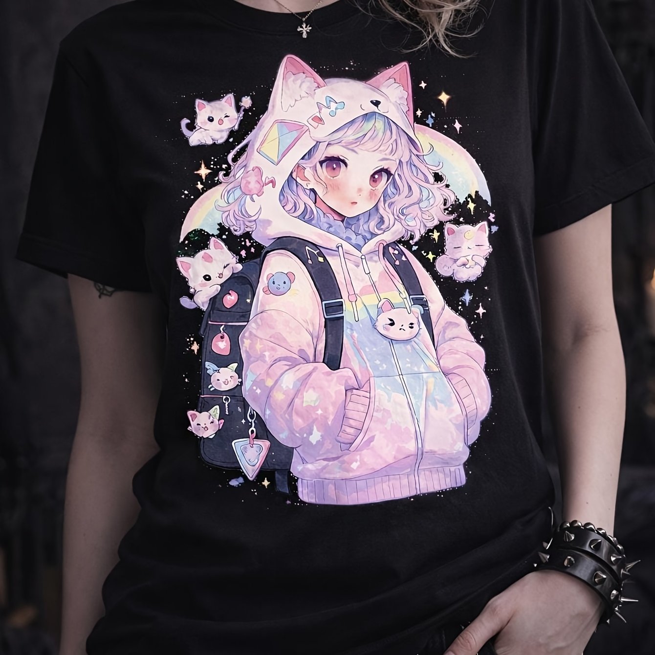 Pastel Goth Anime Cat Girl T-shirt - Kawaii Aesthetics Magical Girl Style Harajuku Streetwear Alt Fashion Soft Grunge Tee Men's And Women's Summer Breathable Short-sleeve T-shirts Size S To 3xl