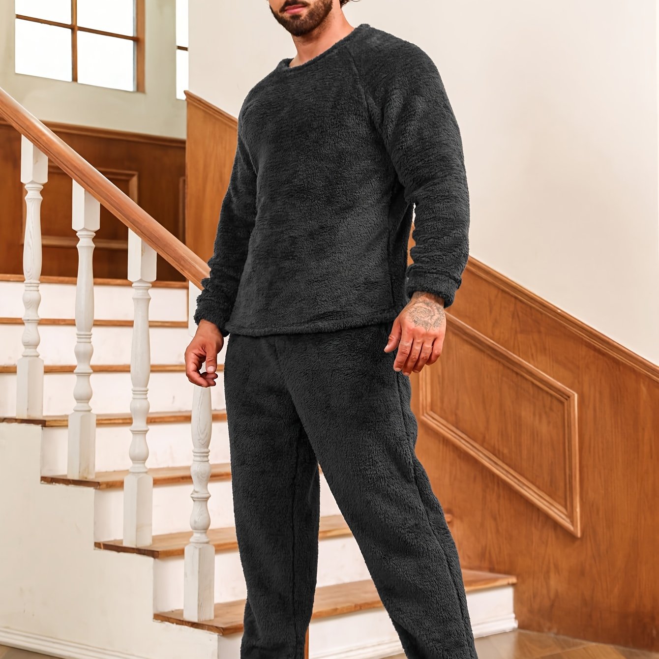 E-shop Herbst Winter Neues Langarm Langhose Herren Plüsch Einfarbig Teddy Pyjama Set, Set