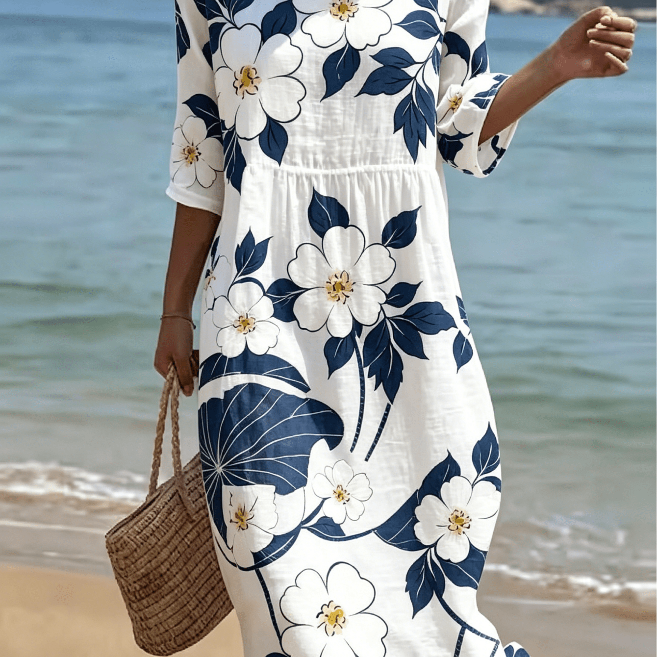 Image of Elegant Navy Blue White Large Floral Lotus Leaf Print Women's Midi Dress, Half Sleeve Round Neck Elastic Waist Loose Beach Sundress, Soft Breathable Lightweight Bohemian Dress
