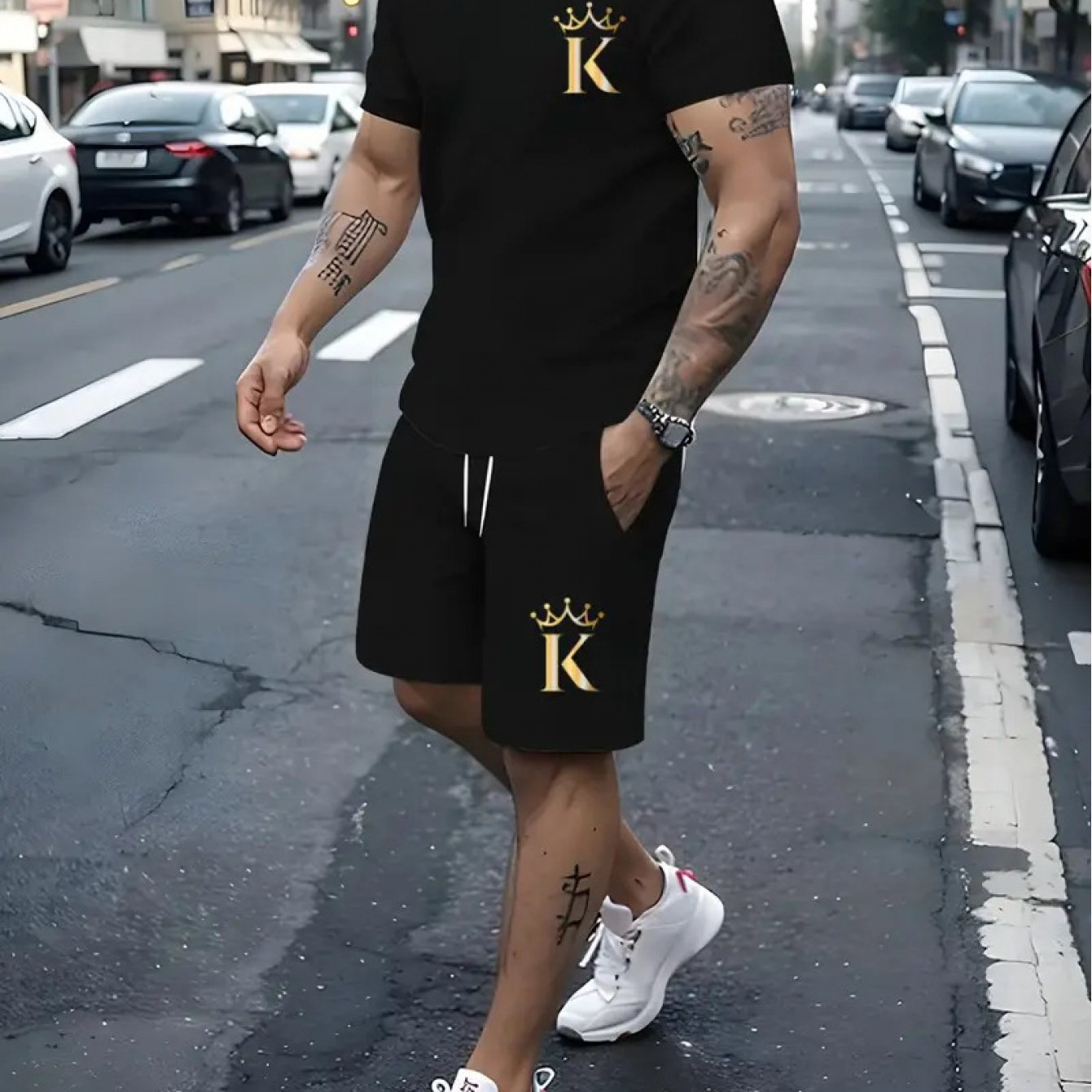 TEMU Men's Casual Printed Suit, Black Short Sleeves And Shorts With Golden "k" Lettering, Trendy And Comfortable, Exuding A Summer Street-style Vibe.