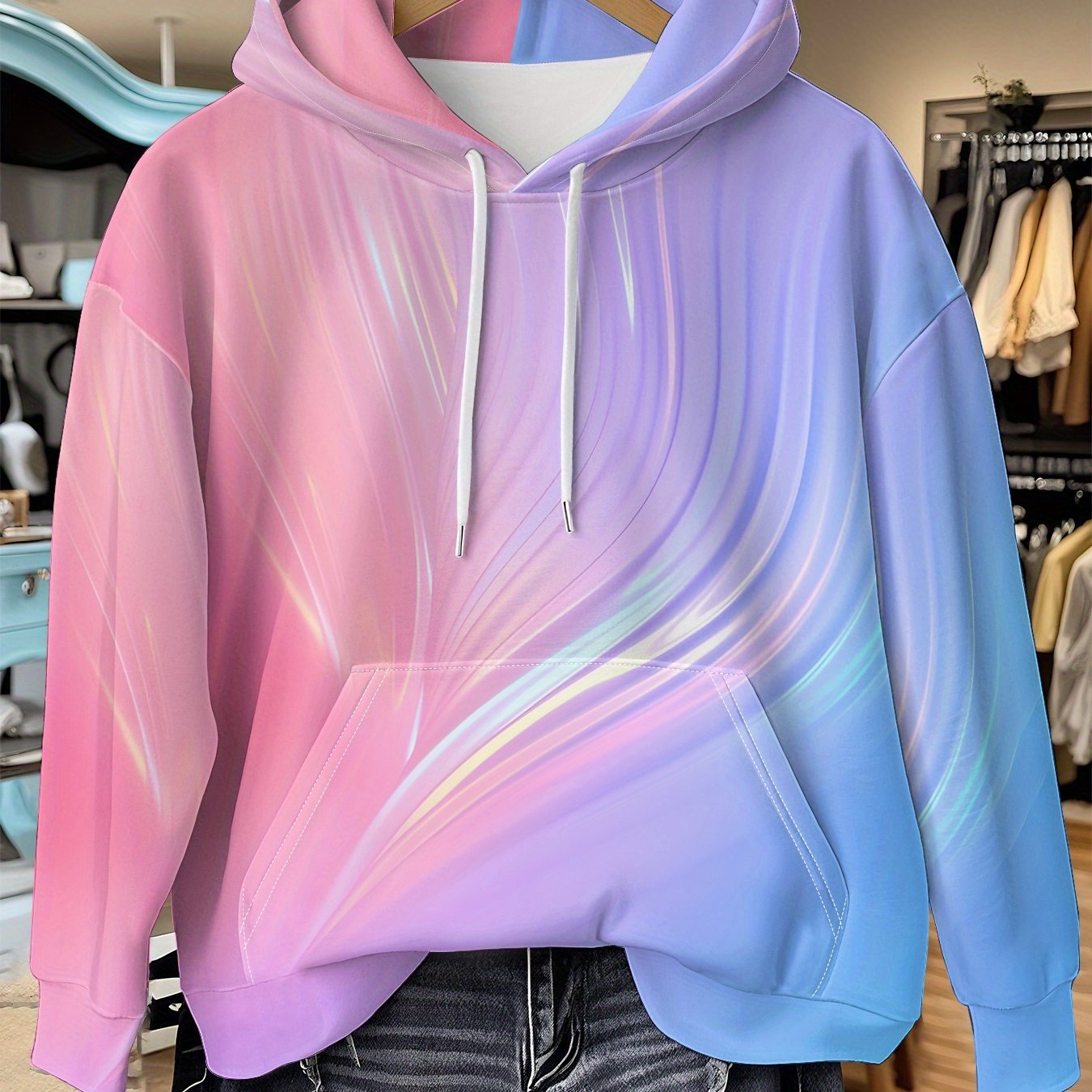 TEMU Comfortable Women's Gradient Print Hooded Sweatshirt- Casual Long Sleeve Crew Neck Pullover For Spring And Autumn, Pink With With Pocket Detail