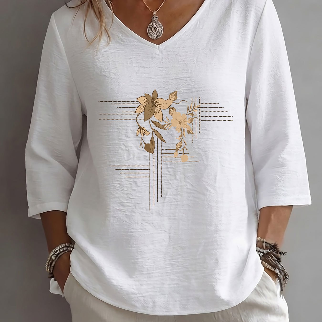 TEMU Spring Summer Elegant Casual Women's Top, Retro Style Floral Loose V-neck Three-quarter Sleeve Shirt
