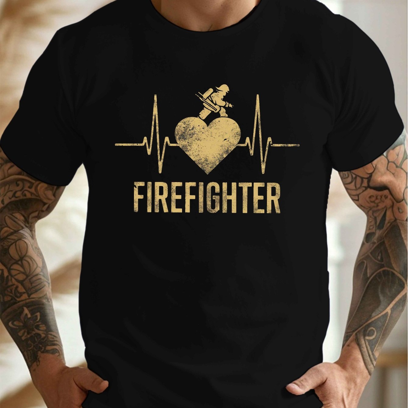 TEMU Men's Firefighter Ecg Heartbeat Graphic Tee - Casual Crew Neck Short Sleeve T-shirt, Breathable Polyester, Machine Washable, Summer Essential