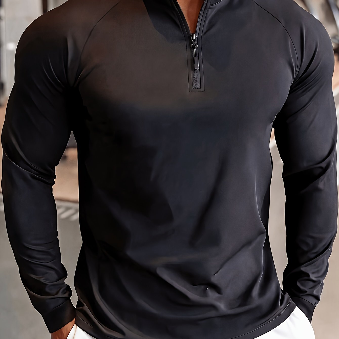 E-shop Herren Schwarzes Stehkragen Fitness-Sweatshirt, Halbzip Langarm, Schnelltrocknend Atmungsaktiv Slim-Fit Design, Ideal für Radfahren, Laufen