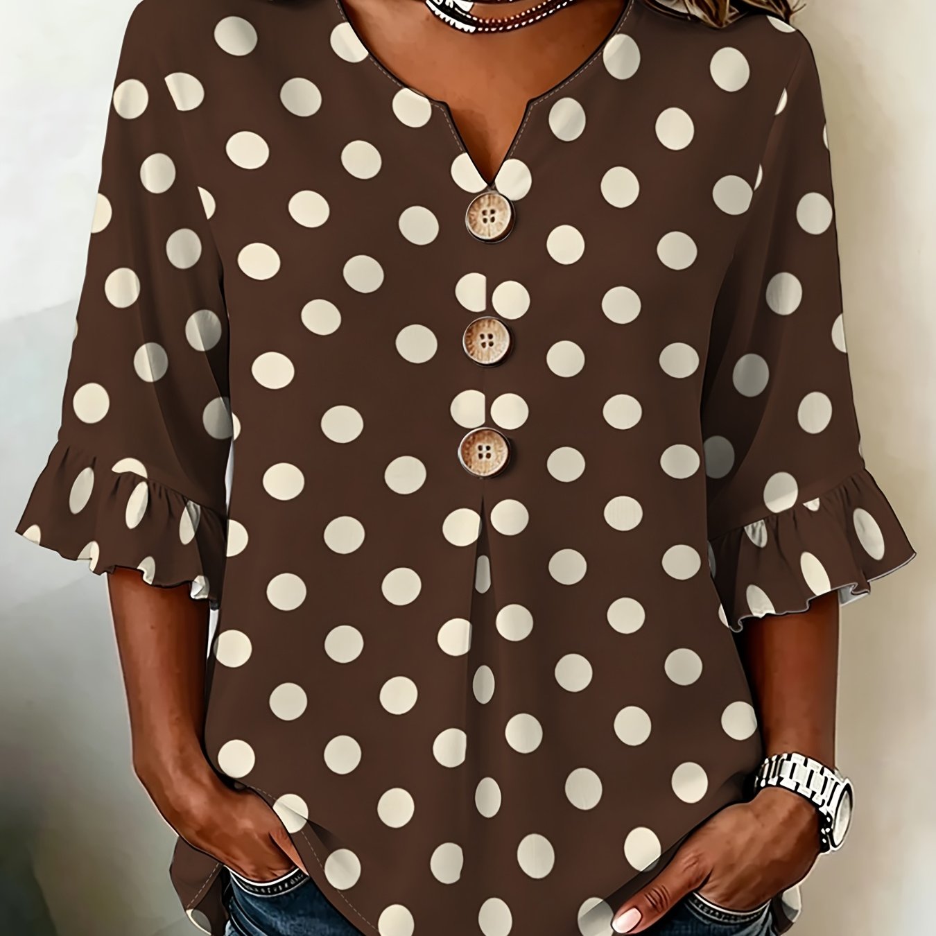 TEMU Plus Size, Plus-size Women's Fashion Ruffle Sleeve Shirt, Mixed Colors, Multiple Sizes , Brown Base With White Polka , Classic And Versatile,