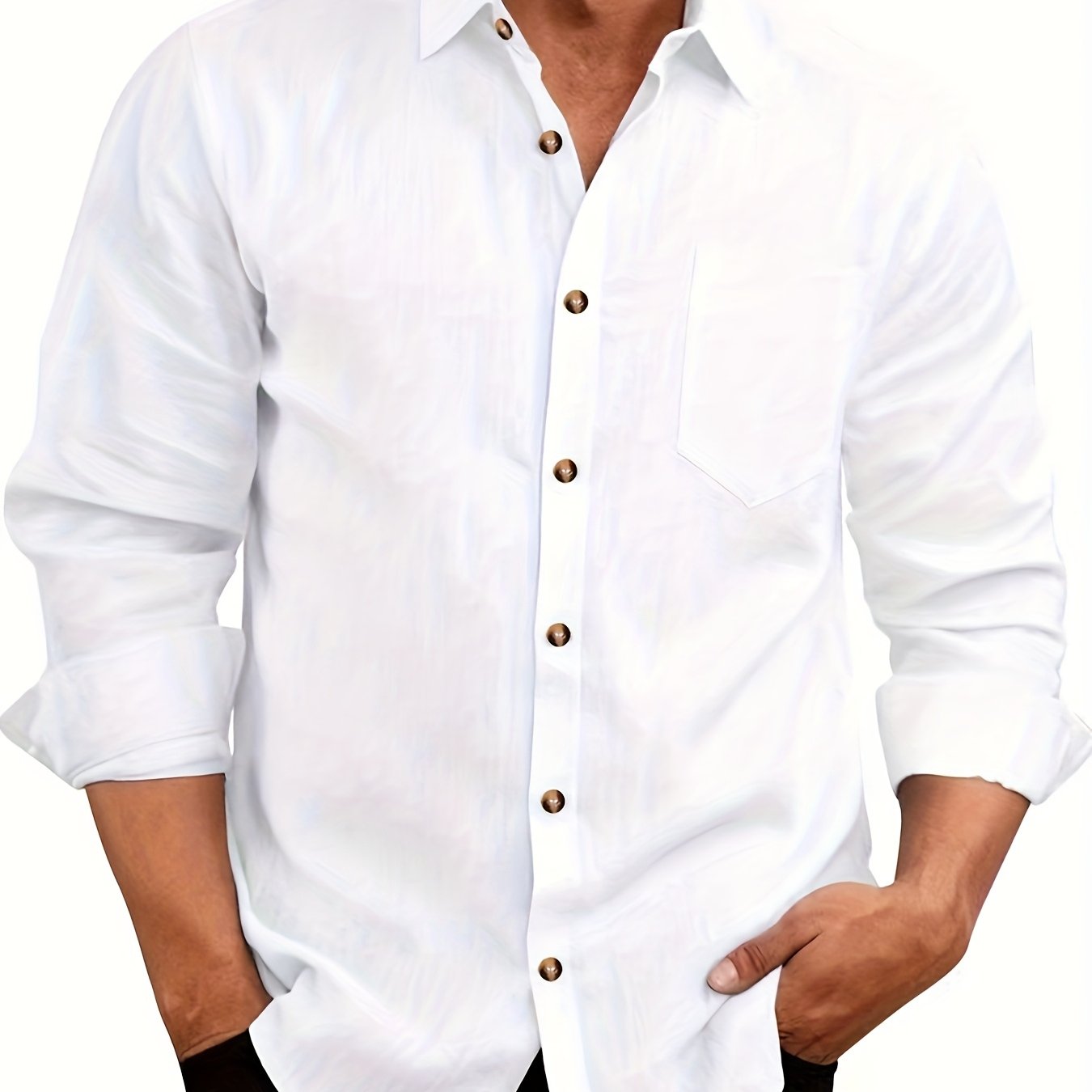 Image of Men's Casual Long Sleeve Shirt, White Pure, Slub Pattern Technology, (suitable For Leisure Outing, Autumn And Winter)