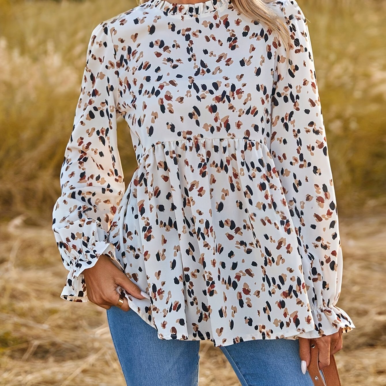 Elegant Special Women's Spring/summer Round Neck Ruffle Hem Printed Long Sleeve Shirt