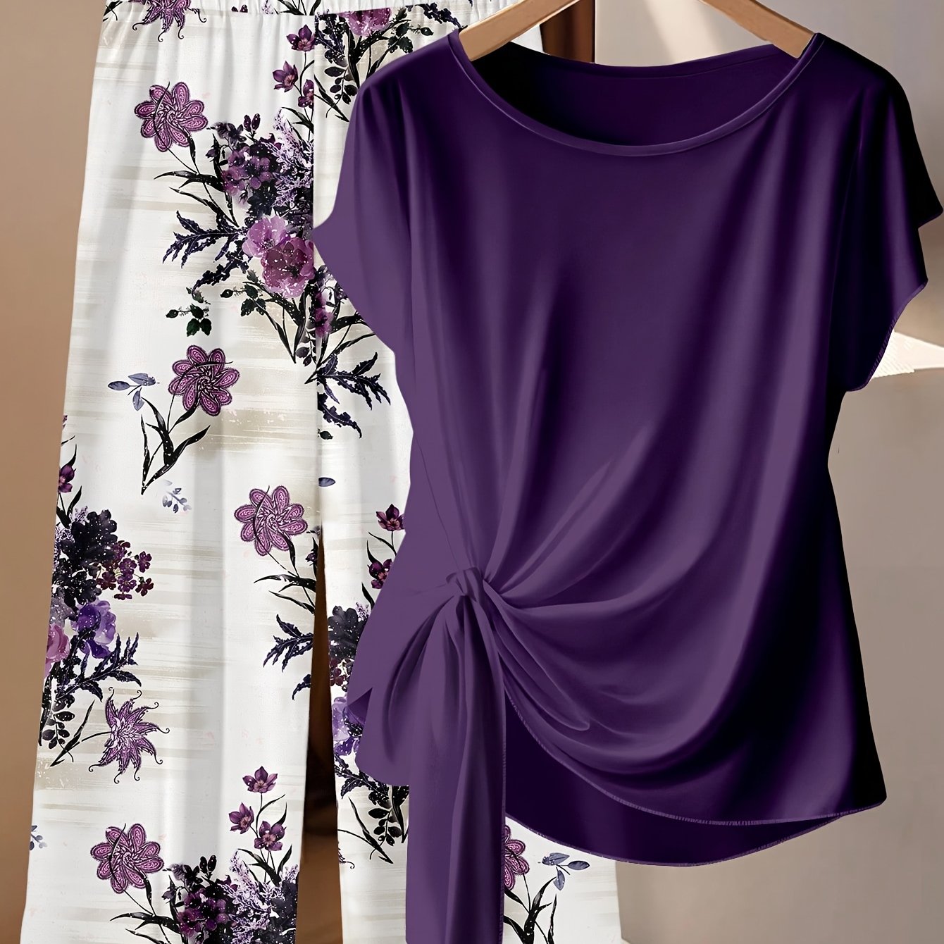 TEMU Plus Size, Plus Size Women's 2pcs Set: Floral Print Top And Casual Pants, Elegant Plus Size Outfit For Summer Outerwear