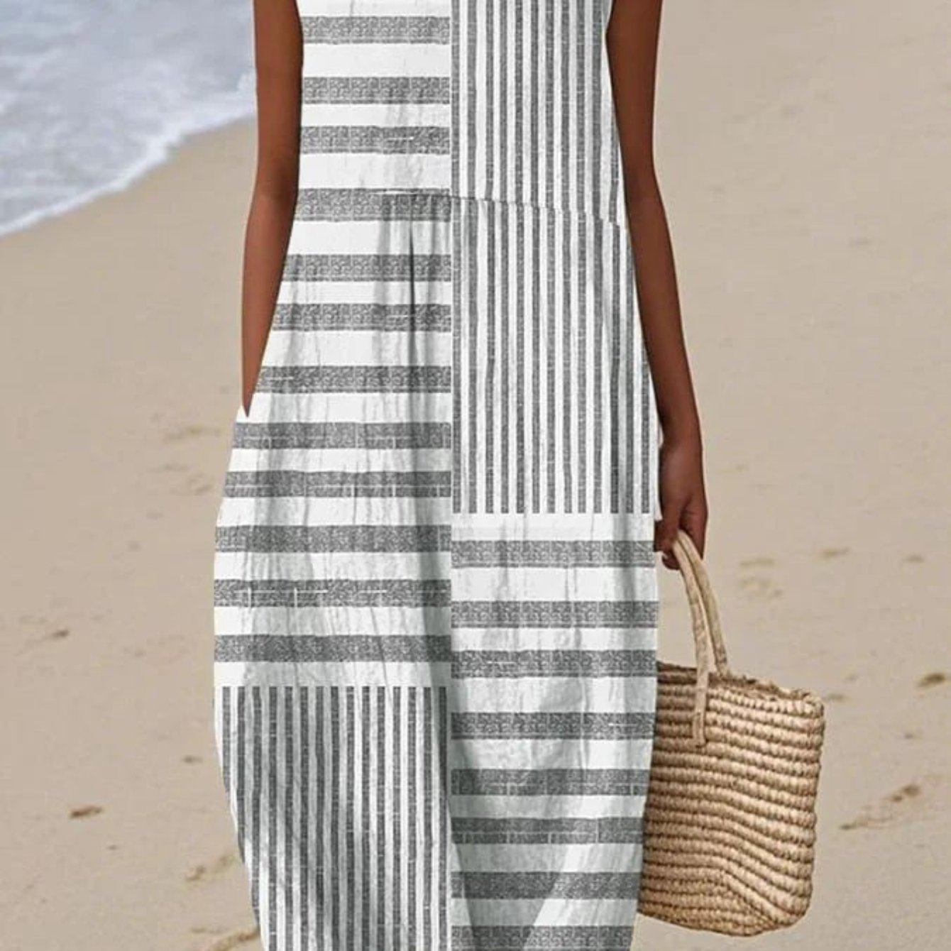 Image of Plus Size - Plus Size - Plus Size Women Sleeveless Tank Dress, Gray And White Stripe Print Midi Dress, Casual Minimalist Style, Perfect For Beach Vacation Daily Wear