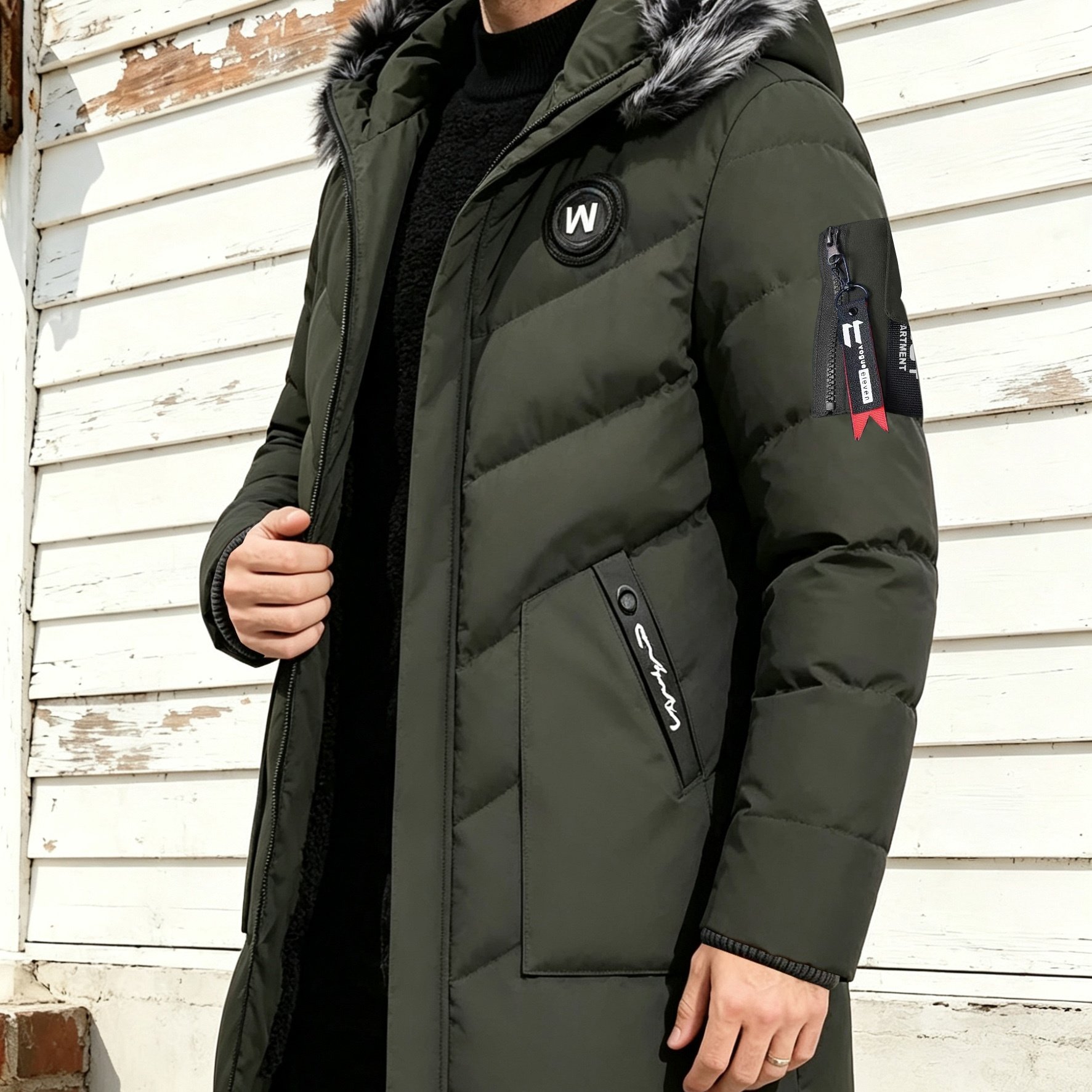 TEMU Men's Mid-length Thick Warm Hooded Jacket, Fabric, Suitable For Autumn And Winter, Casual Sport Style, Windproof Casual Outerwear, With Pockets,