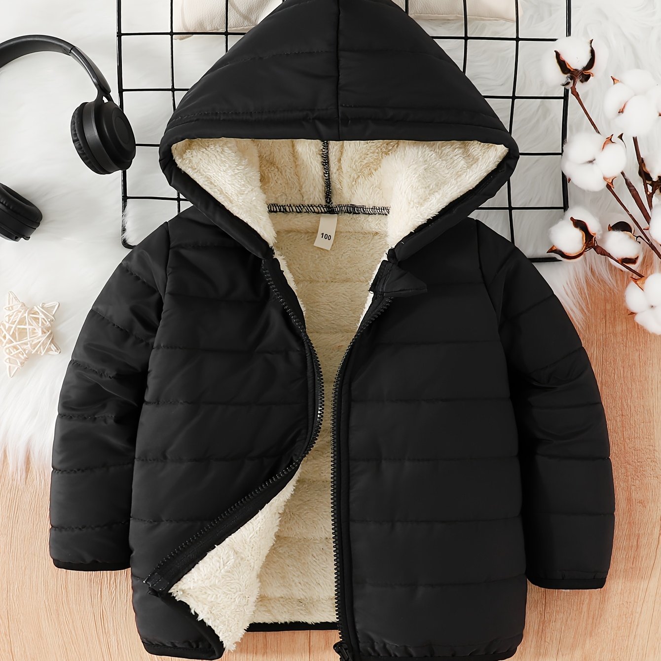 TEMU Autumn Winter Fleece Hooded Jacket Lamb Thick Warm Zip-up Jacket, Black Solid Color Kids Top, Boys Winter Vacation Lightweight Comfortable