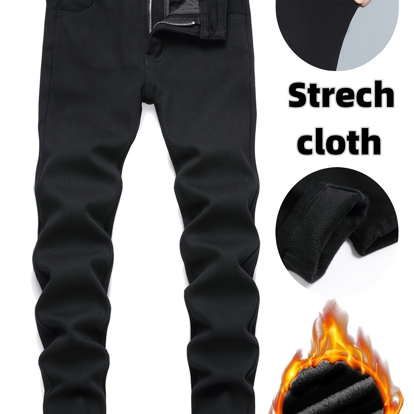 Boys' Black Versatile Fleece-lined Warm Elastic Jeans