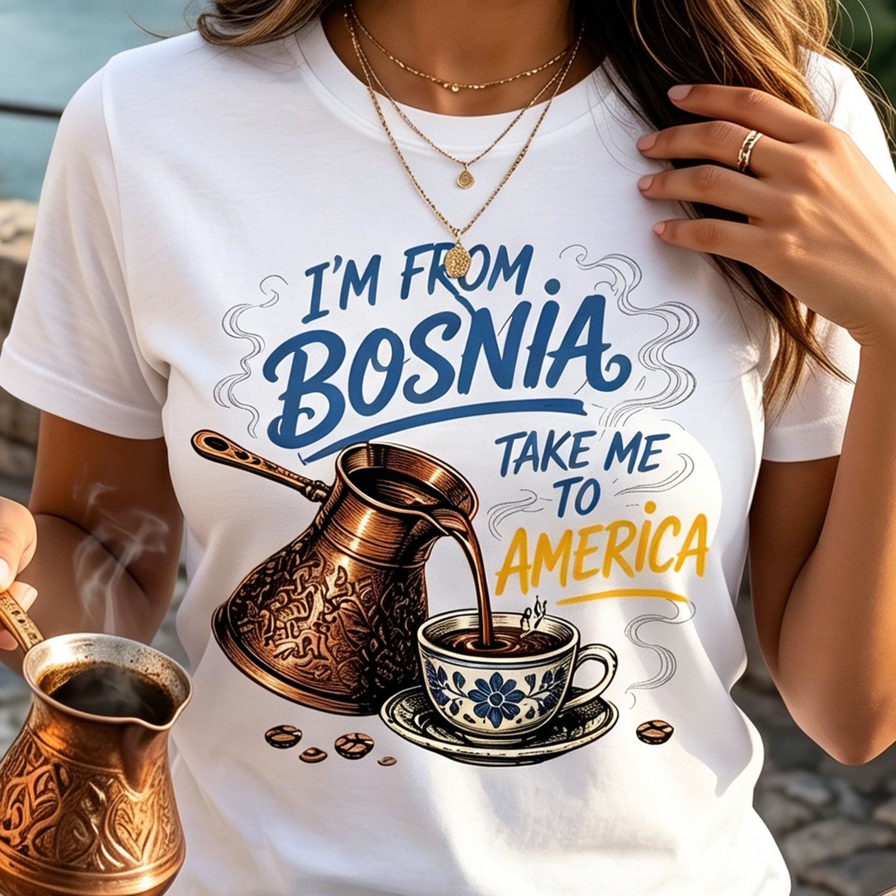 TEMU Vintage Bosnian Coffee Pot Graphic Tee, I'from Bosnia To America T-shirt, High-street Unisex Standard Shoulder Regular Top, Y Quick Dry Clothing