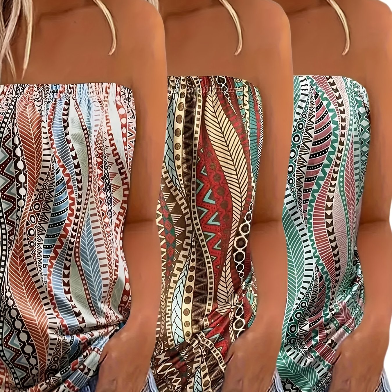 3pcs Women's Printed Bandeau Strapless Tops