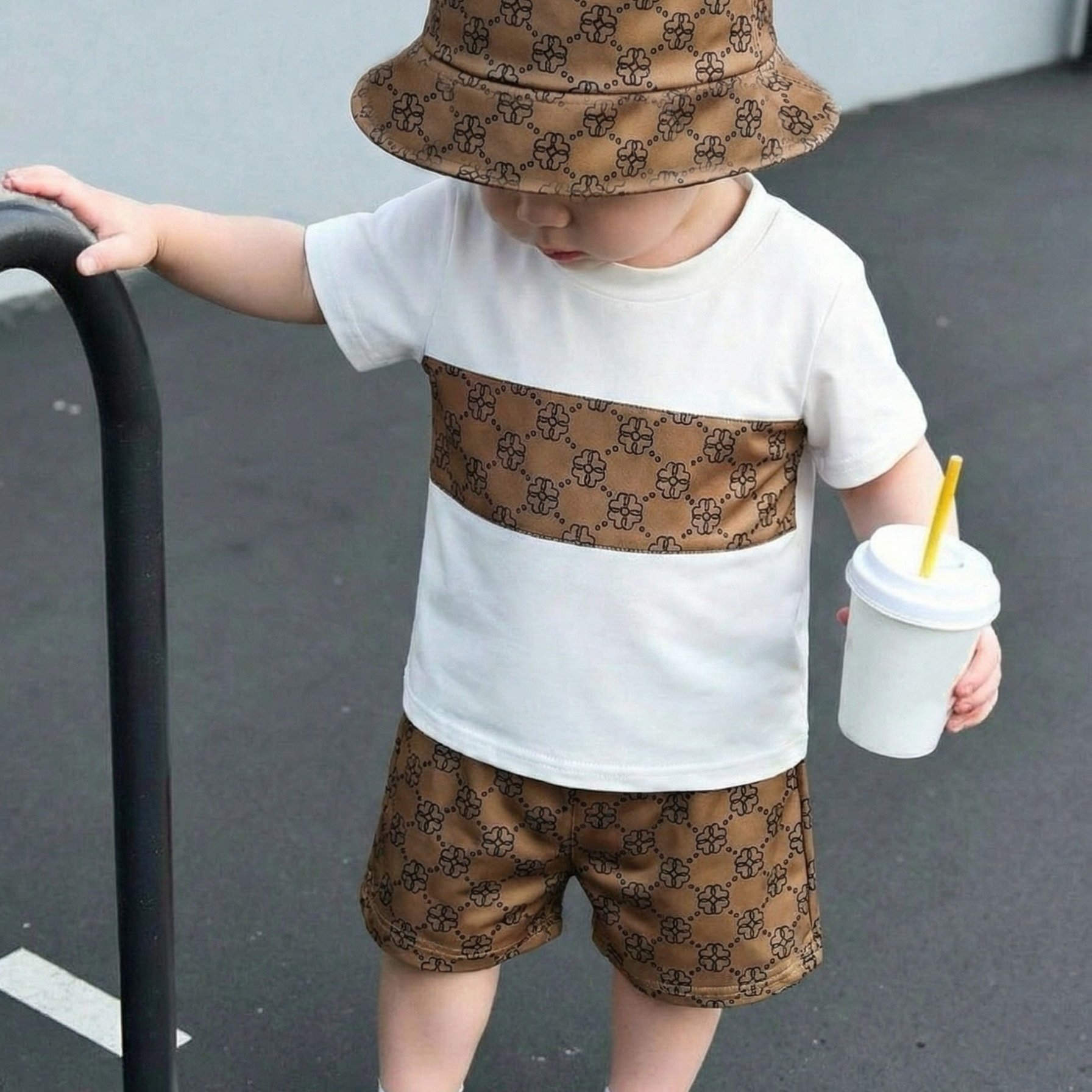 Image of 3pcs Baby Boy Clothing Floral Print Top With Pants And Hat, Suitable For Summer , Vacations And Occasions, Versatile Casual And Multi-functional, For Outdoor