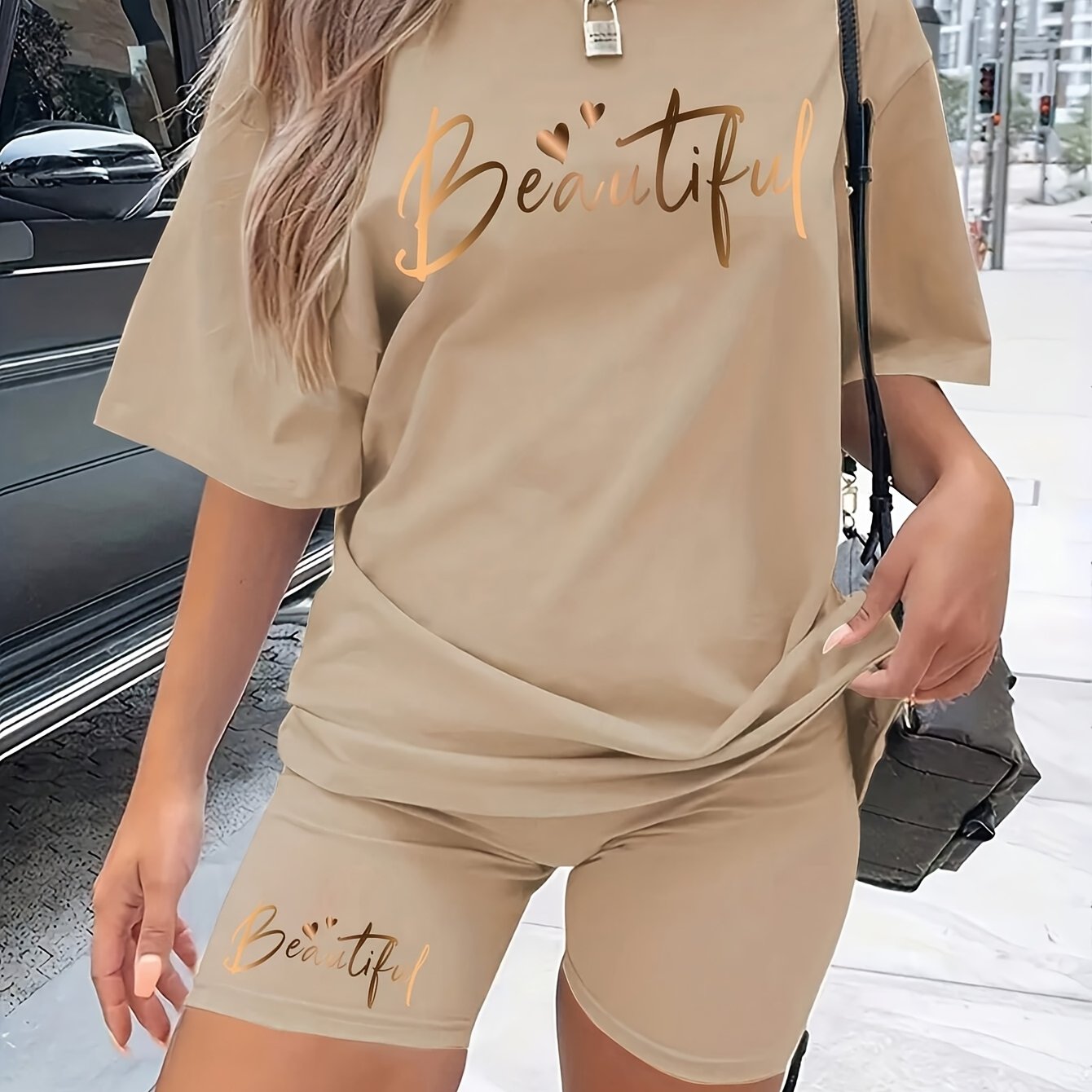 E-shop Damenset mit Lässigem Buchstaben-Druck Kurzarm-T-Shirt und Shorts für den Sommer