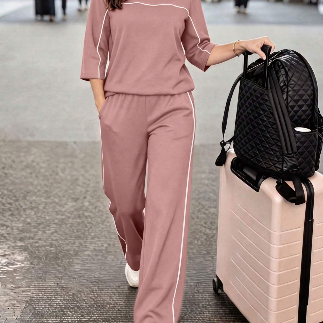 Image of Women's Summer Casual Sporty Color Block Striped Short Sleeve T-shirt & Loose Wide Leg Pants Set, Elegant Back-to- Outfit
