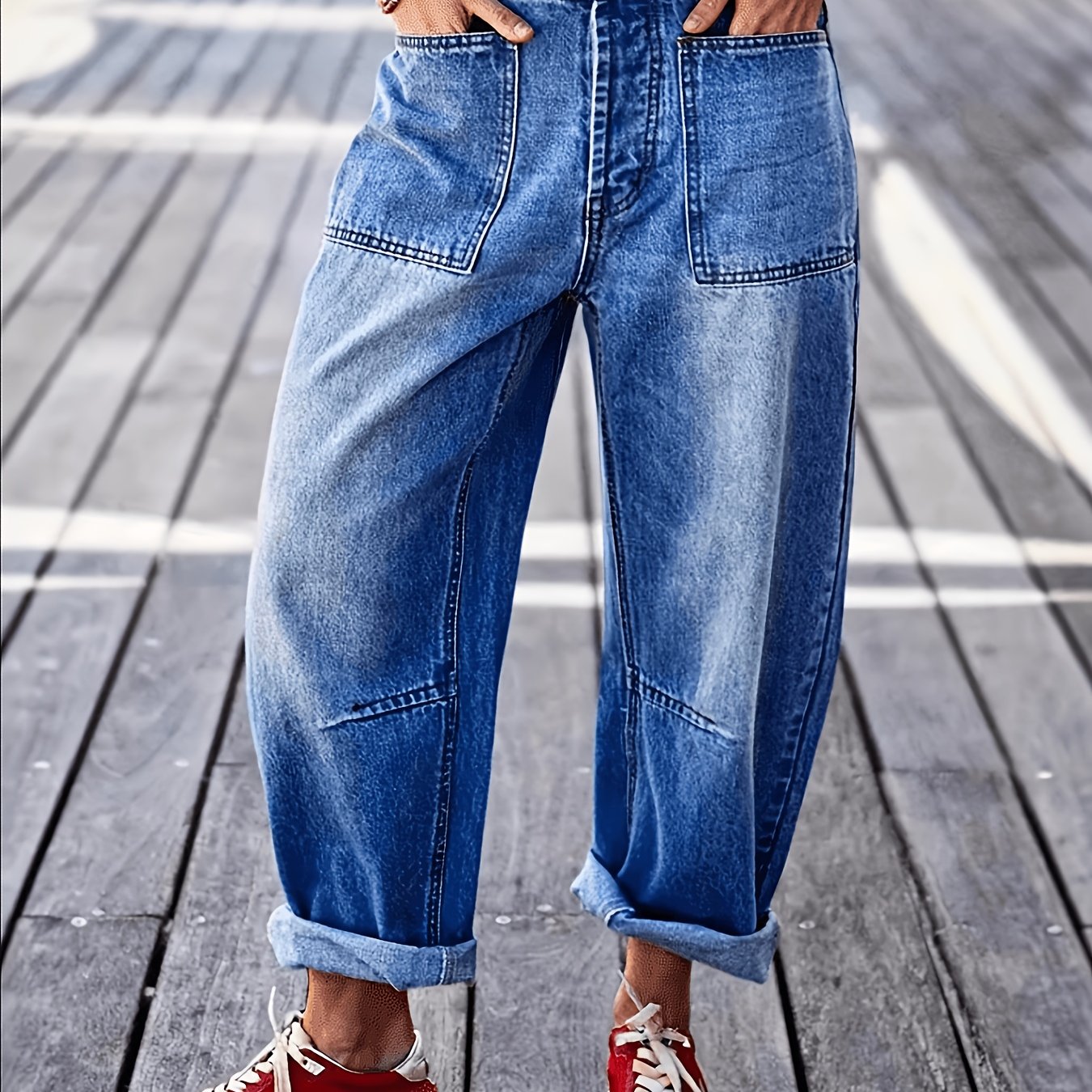 TEMU Women' Blue Washed Wide-leg Cropped Jeans - Elastic Boyfriend Pants With Pockets | Straight Leg Denim Joggers Suitable For Travel, Casual