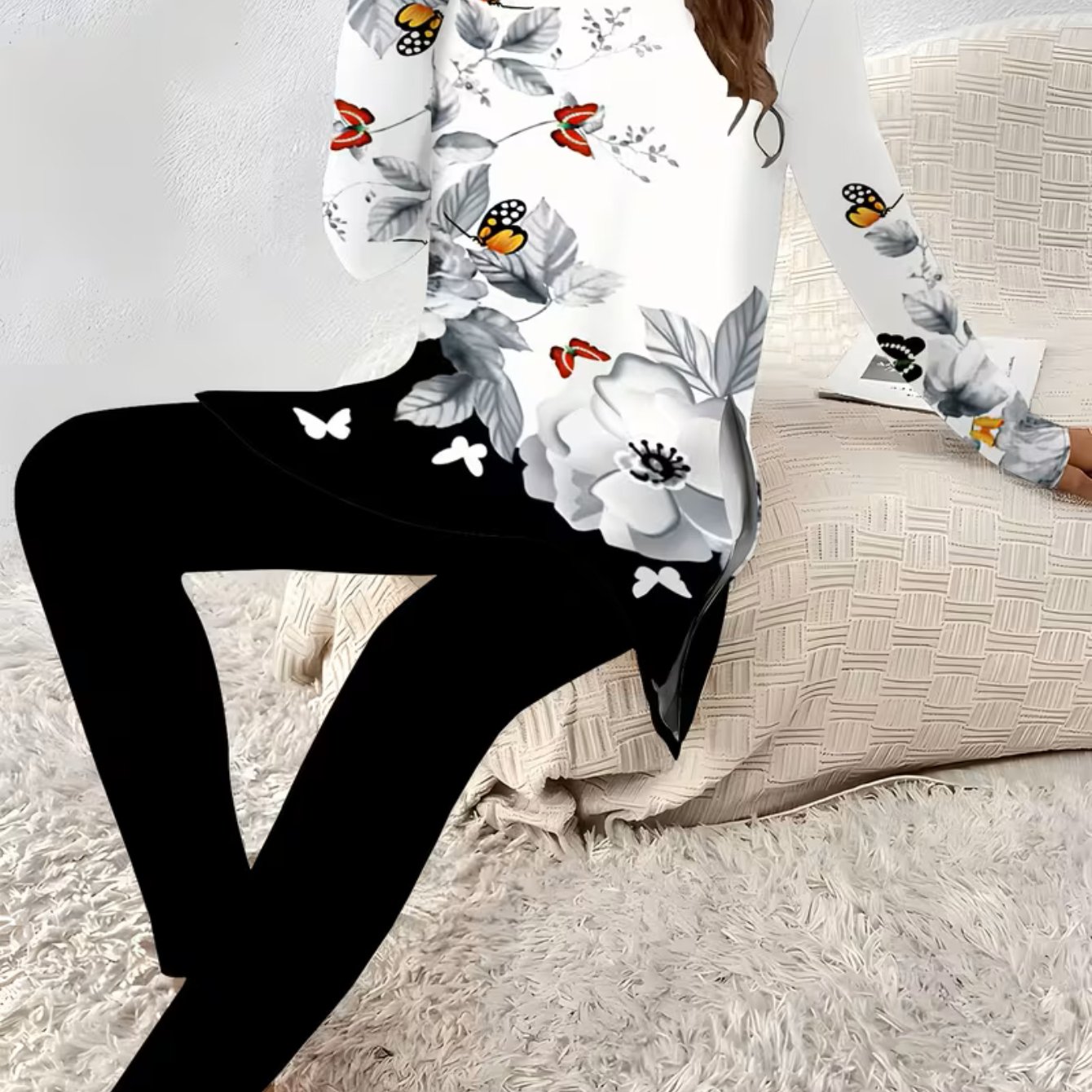 TEMU Casual Women'-piece Floral Colorful Long-sleeve T-shirt With Side Slits And Round Neck Top With Pocketless Trousers. Fashionable Long-sleeve Set