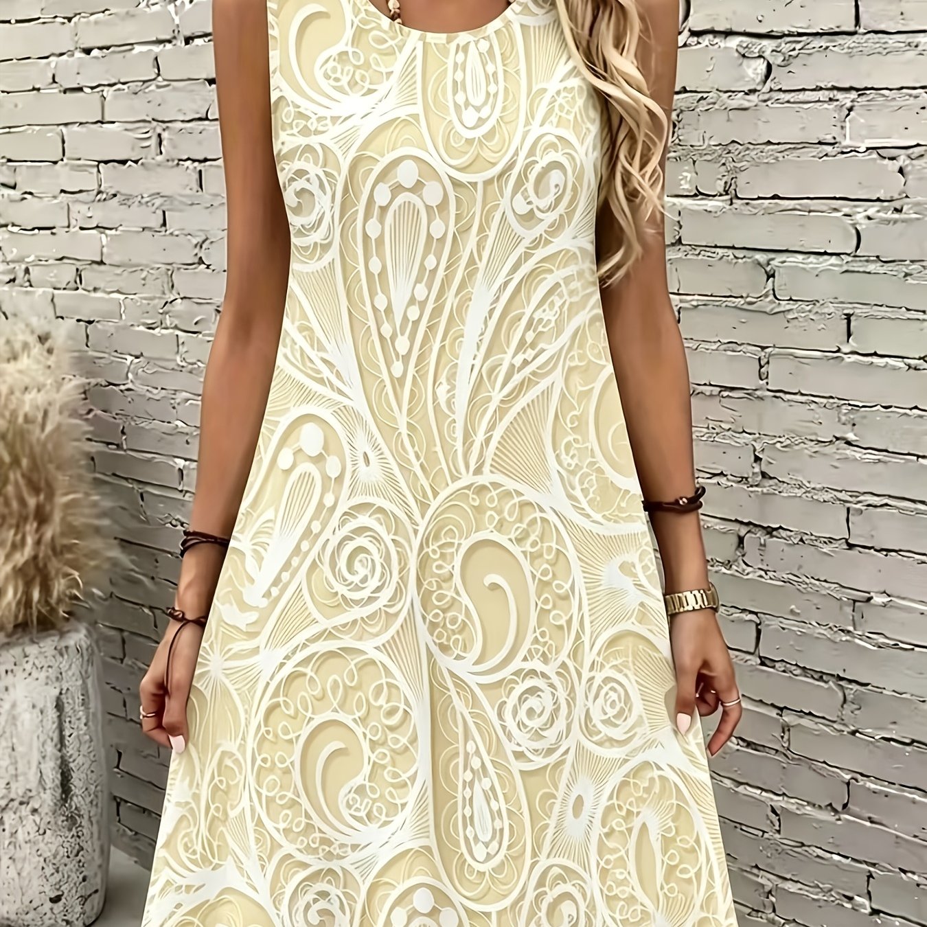TEMU New Summer Women's Bohemian Paisley Print Sleeveless Tank Dress, Vacation , Women's Sleeveless Tank Dress, Fashion Item, A Beautiful And Gift,