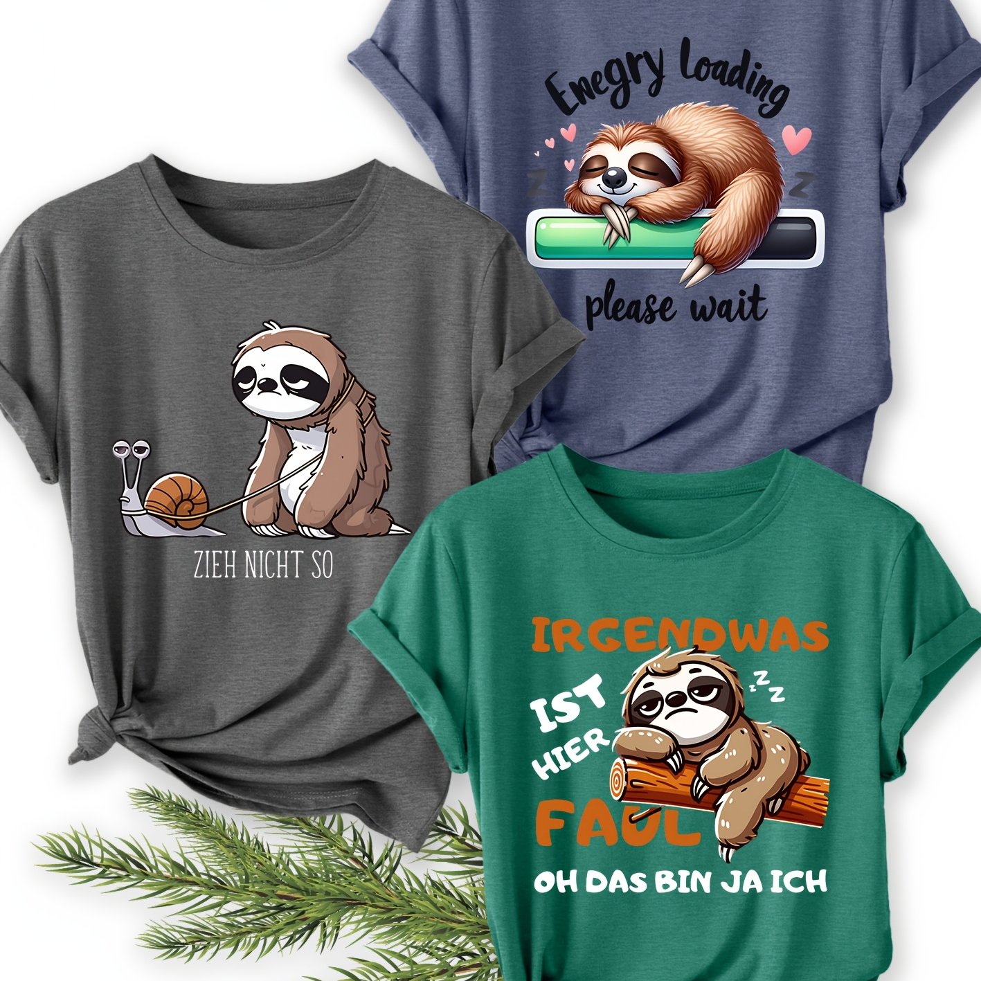 TEMU Three-piece Set Of Women's Summer Clothing Featuring A Fun Sloth And Snail German Print Round-neck Short-sleeve T-shirt. This Loose-fitting Top