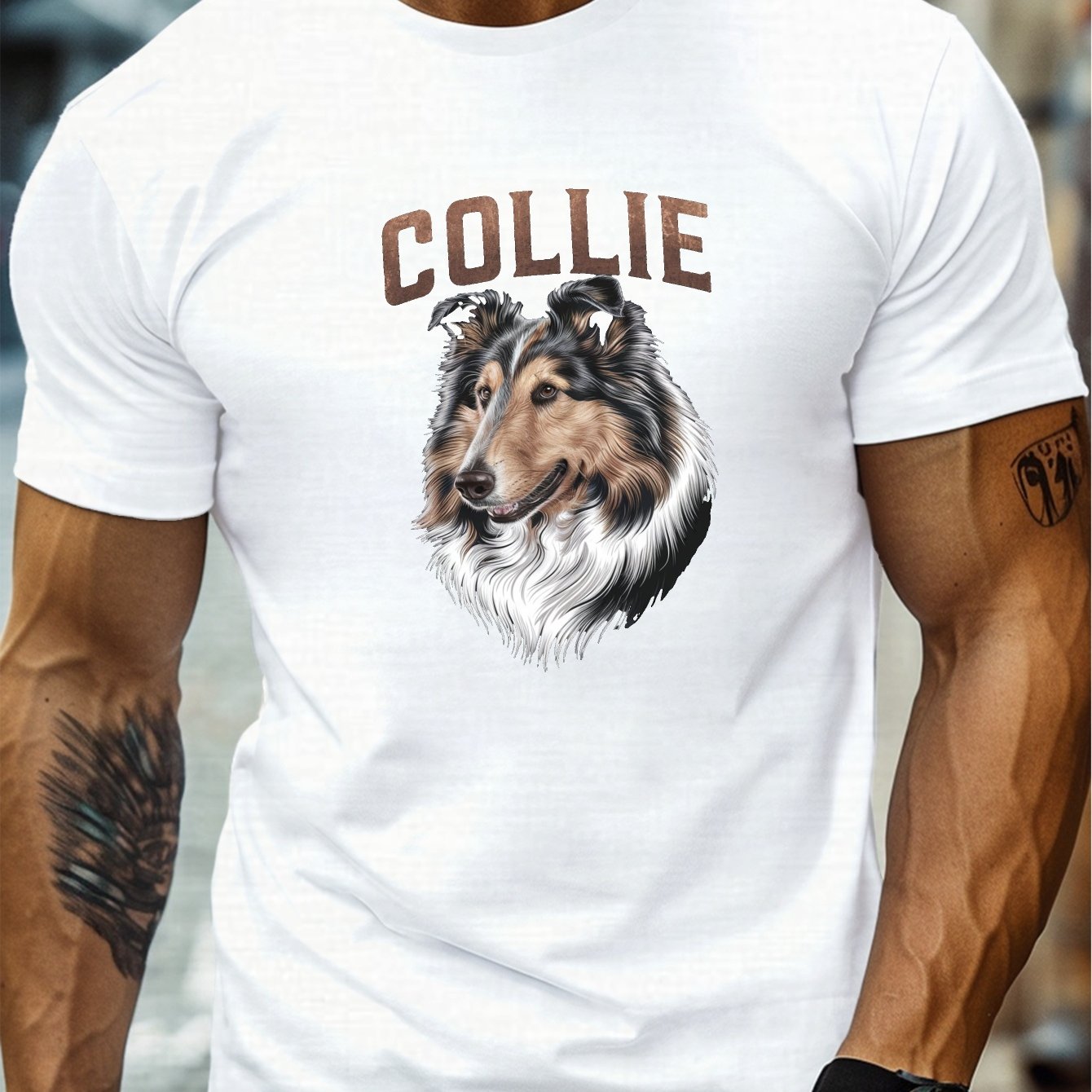 TEMU Men's Navy Blue "collie" Graphic T-shirt - Casual Crew Neck, Short Sleeve, Lightweight Summer Top With Realistic Dog Print, Casual Summer Wear |