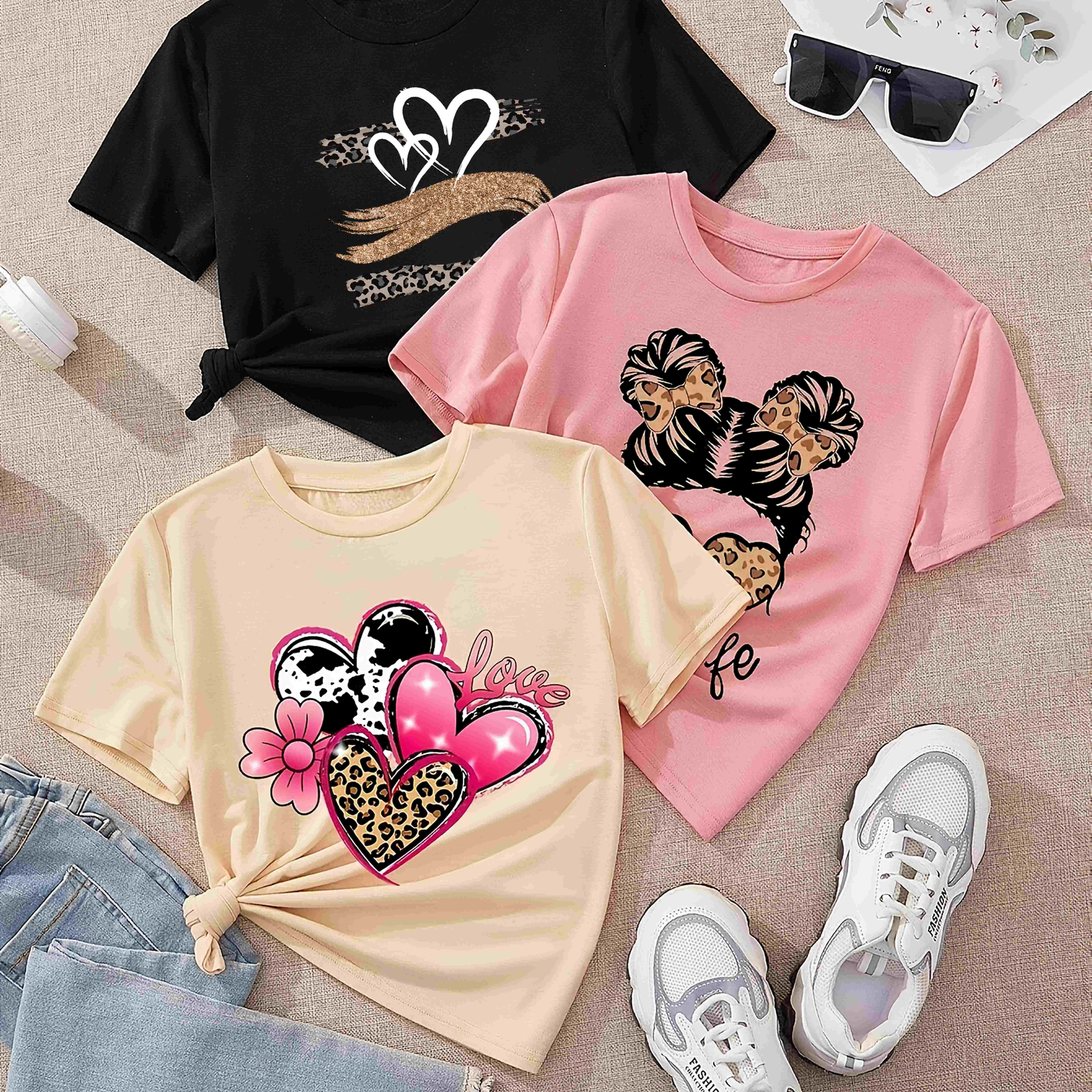 TEMU 3pcs Set Of Casual T-shirts Featuring Cartoon Hearts And Leopard Prints, Perfect For Summer