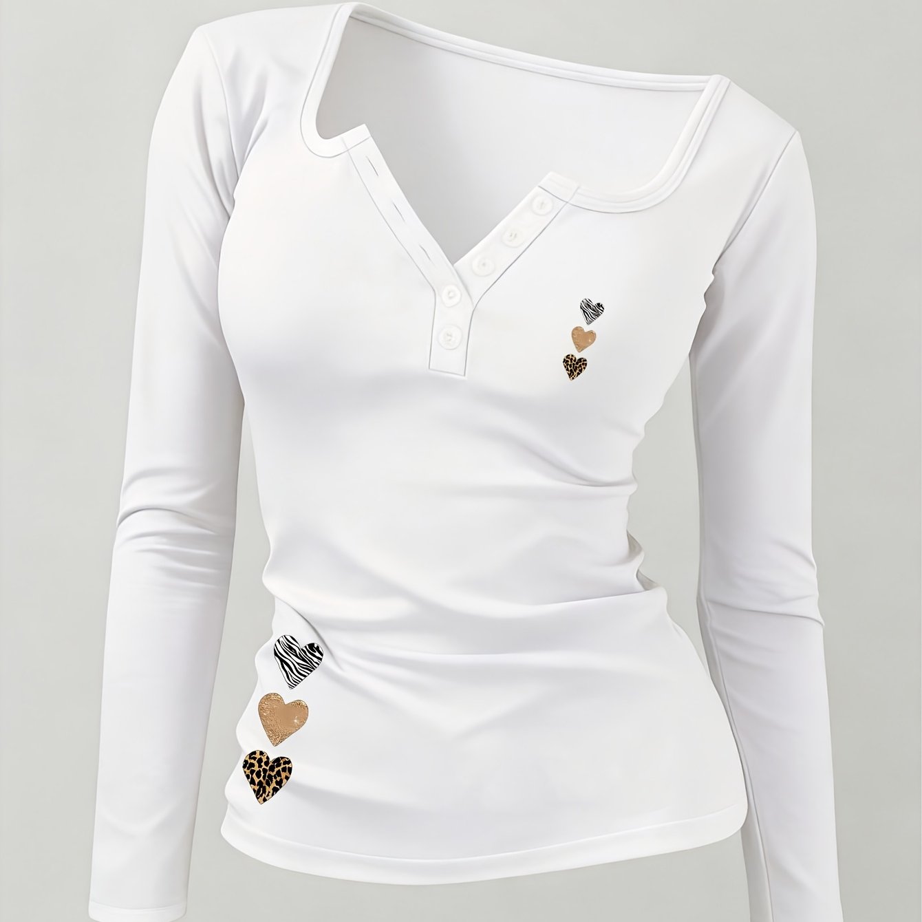 TEMU Heart Pattern Women's Hot Outfit Button-up Sexy Design Non-v Neck Long Sleeve T-shirt, A Revealing Y2k/casual/sporty/tube/fashionable/elegant,