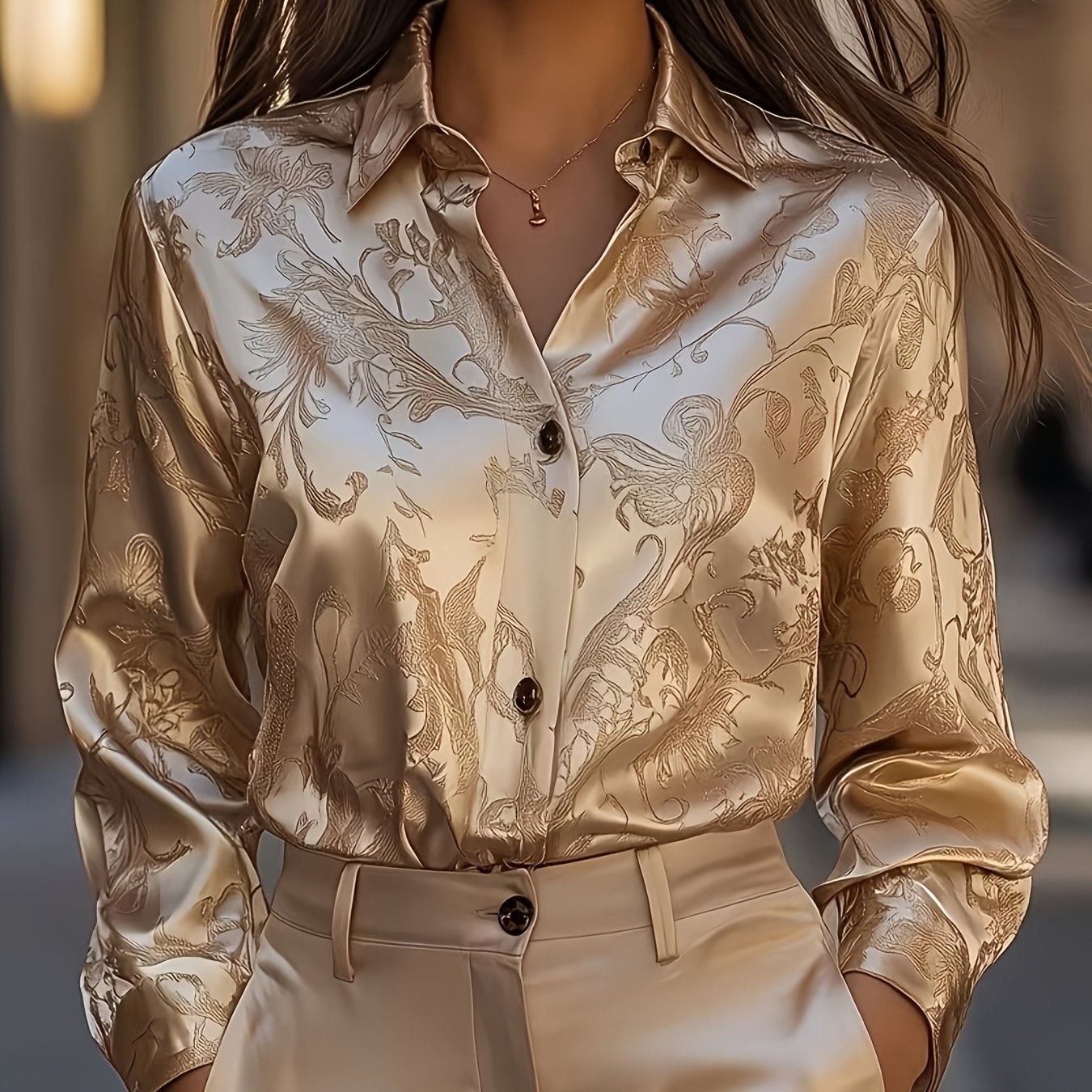 TEMU Elegant Women's Shirt Satin Long Sleeve Shirt Collar Geometric Abstract Retro Regular Holiday Print Spring And Autumn