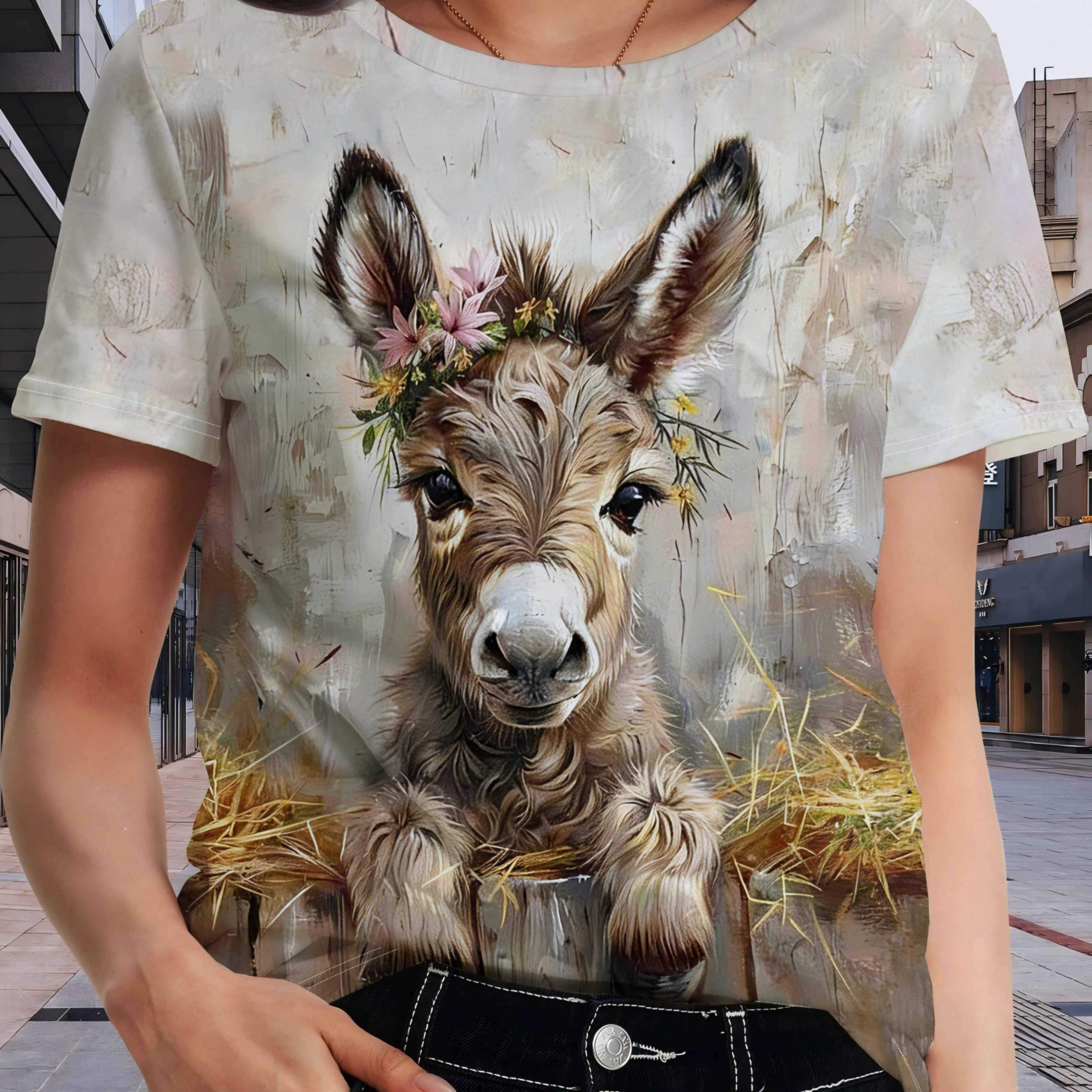 TEMU Ladies Style Print Short-sleeved T-shirt, Round Neck Casual Versatile Top, With Flower Print, Hay Fence Elements, And Versatile; Suitable For