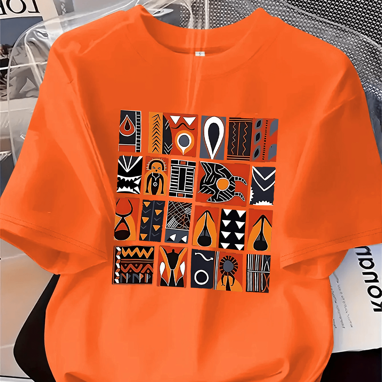 TEMU Women's Trendy Tribal Pattern T-shirt, Ethnic Geometric Grid Casual Short Sleeve Crew Neck Tee, Daily Tops