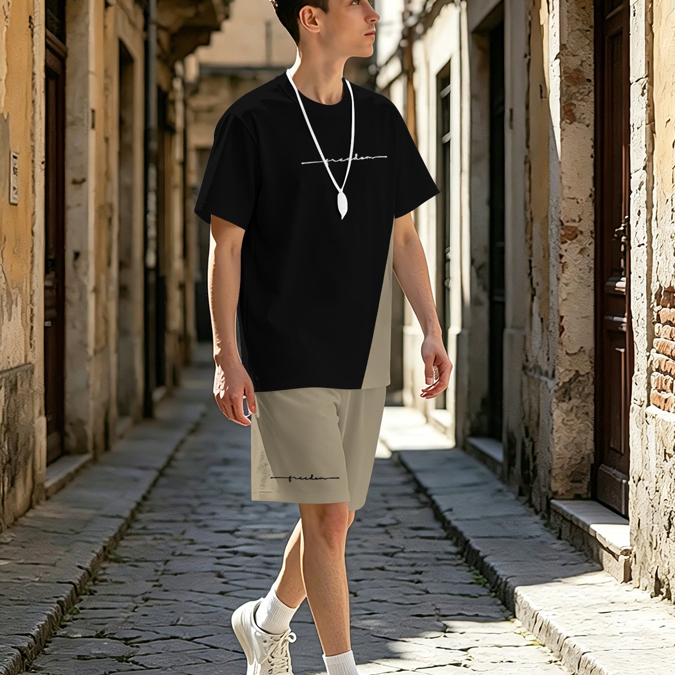 TEMU 2pcs Youth Matching Shorts & T-shirt Outfits - High-stretch Short Sleeve T-shirts & Loose Shorts, Round Neck Casual 2pcs Sets With Random Cool
