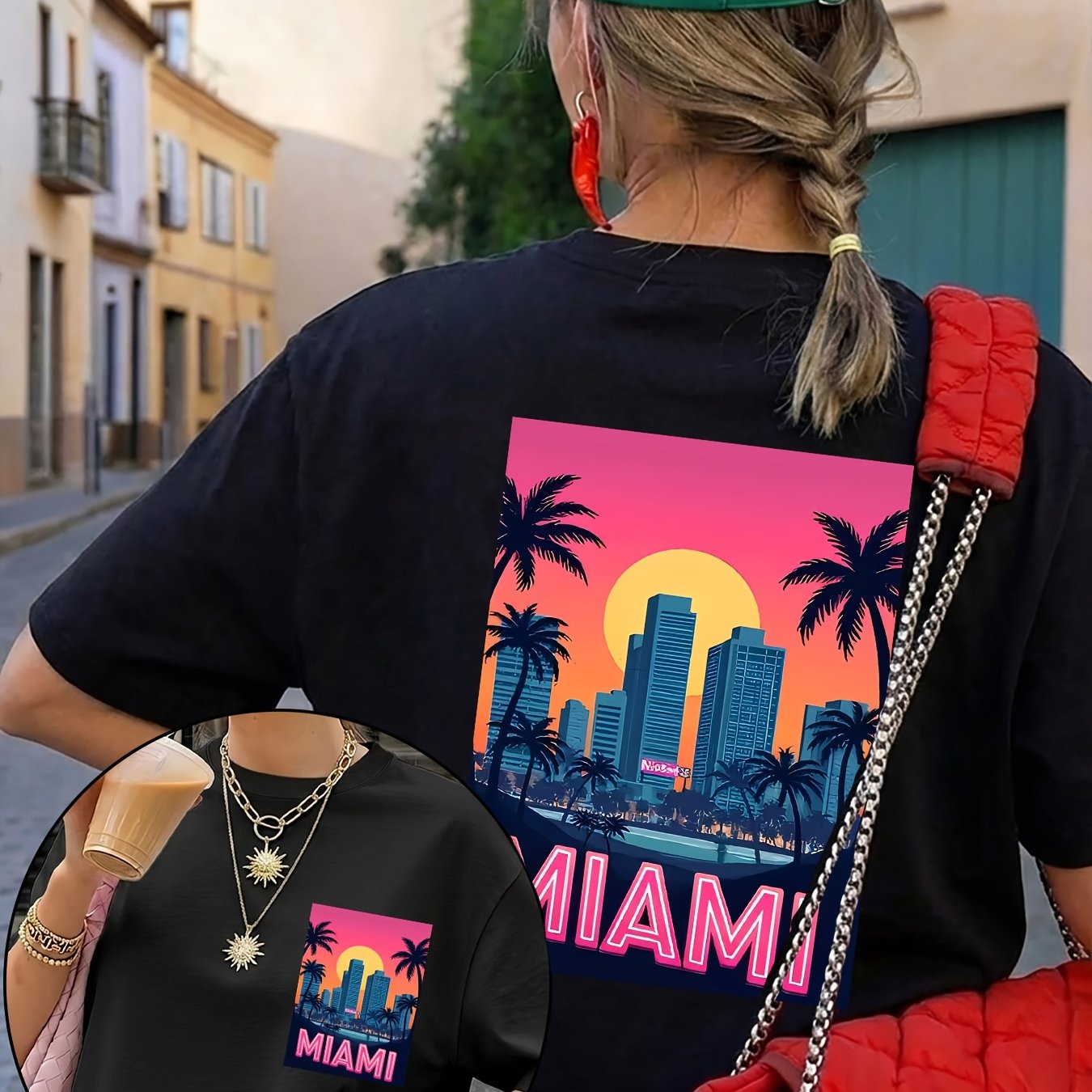 TEMU T-shirt d'été pour femme, col rond, décontracté et athlétique, imprimé motif style vacances rétro plage , idéal à et en extérieur/ cadeau