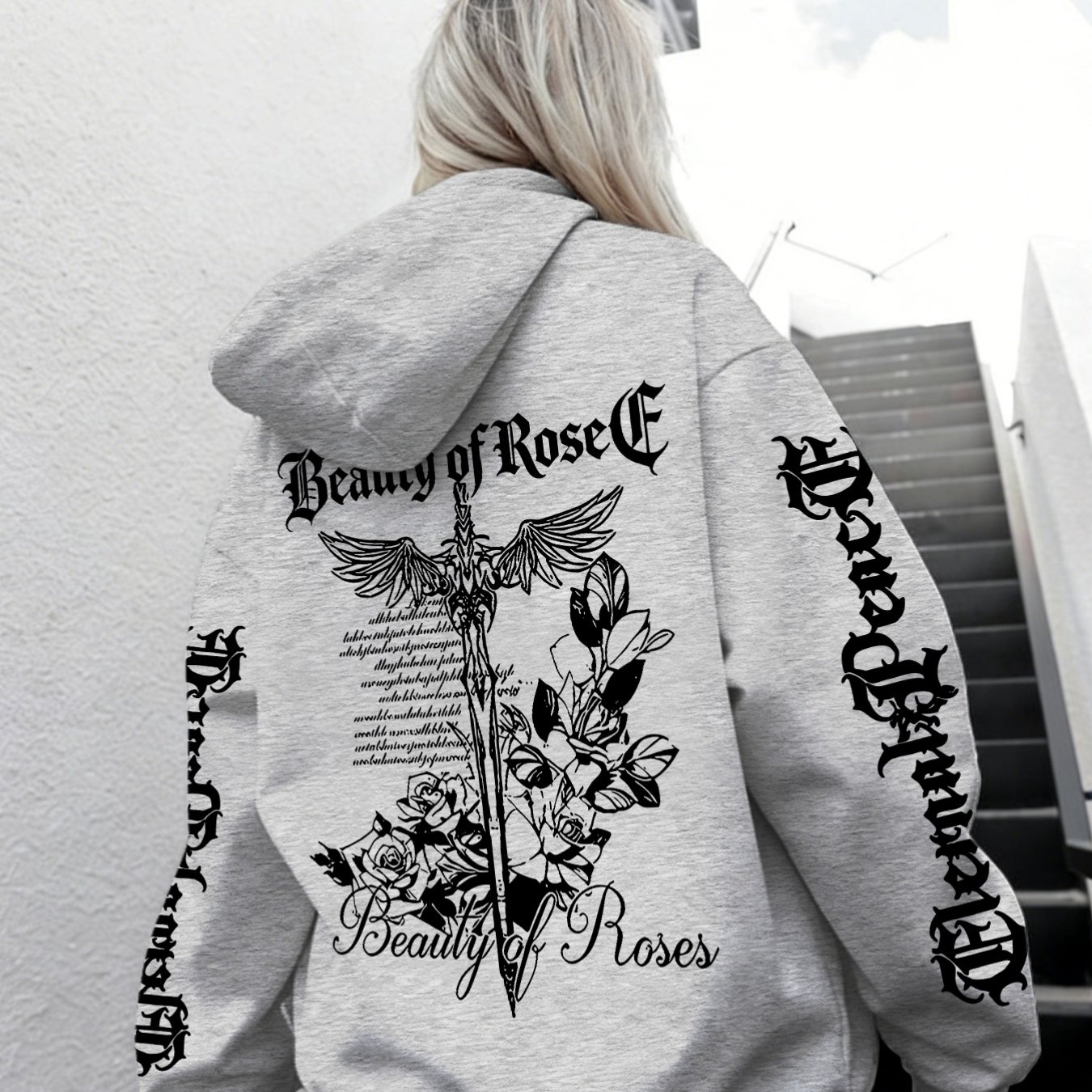 TEMU Sword Wing Rose Script English Print Hooded Sweatshirt For Women, Dark Oversized Loose Long Sleeve Top