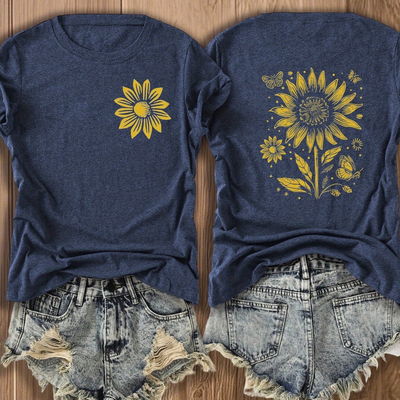 TEMU Women's T-shirt With Prints On Sides, A Gift For Day On 1st - Attractive Sunflower Design T-shirt - Retro Style Patterned Top For Women, Perfect