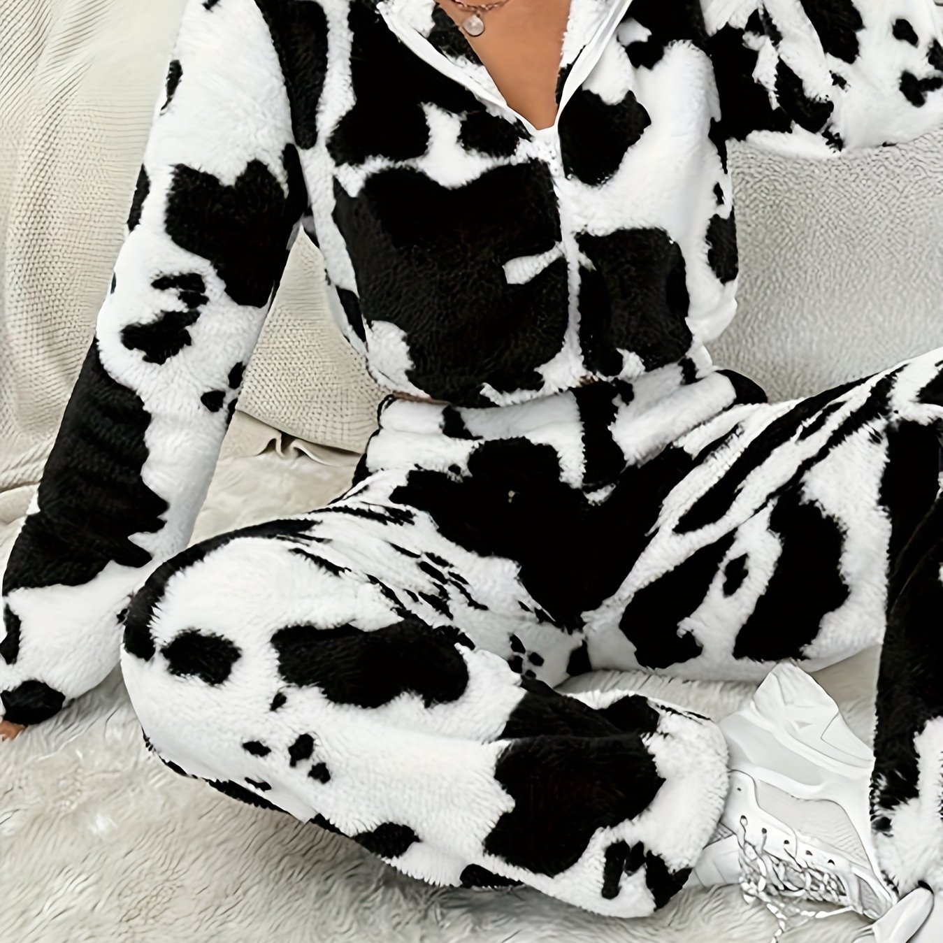 Cow Pattern Hooded Plush Suit