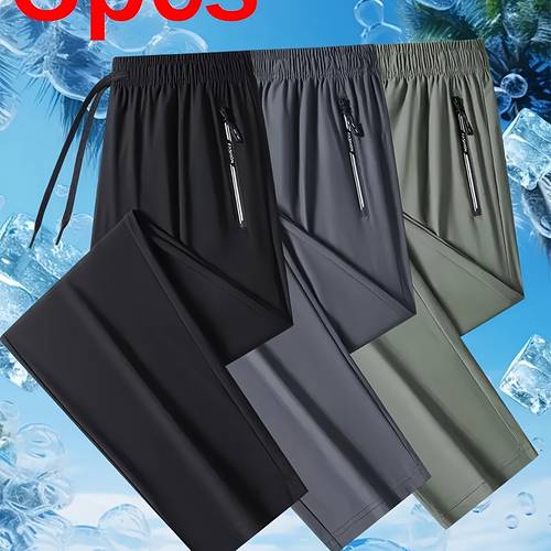 3pcs mens summer jogger pants breathable ice silky fabric with elastic drawstring waistband straight leg design zippered pockets casual athletic pants for running lounge outdoor black dark gray olive green