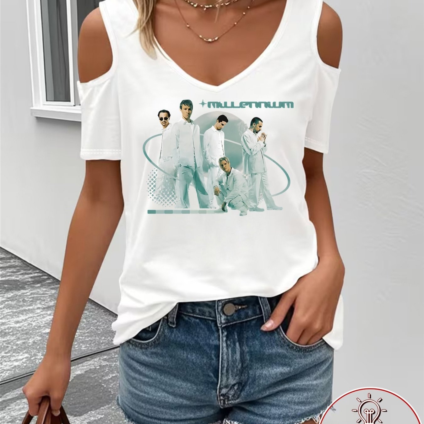 TEMU 1pc Women's Printed Off-the-shoulder V-neck Fashion T-shirt