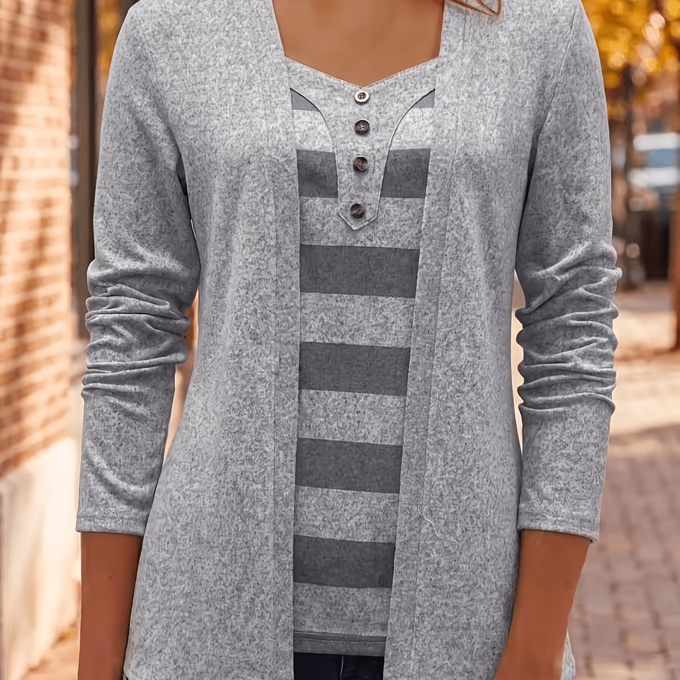TEMU T-shirt à manches longues pour femme automne/hiver, look 2-en-1, patchwork, décoration à boutons, haut élégant décontracté pour les quotidiens