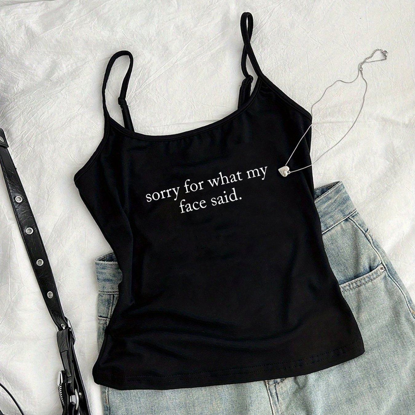 TEMU American Round Neck Cami - Sorry, Face Text Pattern, Y2k Retro Hot Adjustable Thin Straps Short Cami Top, Women's Summer New Sleeveless Blouse,