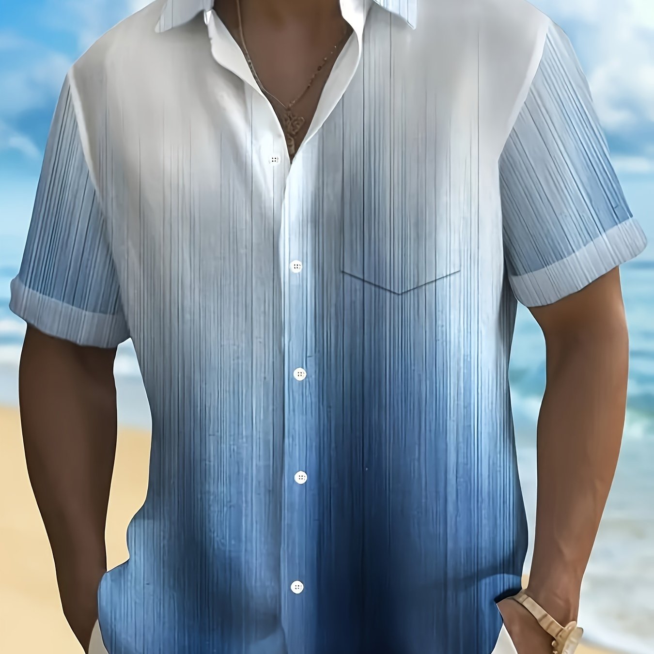 Image of Men's Plus Size Hawaiian Shirt - Gradient Lapel, Button, Short Sleeve, Polyester, Casual Summer Top Blouse