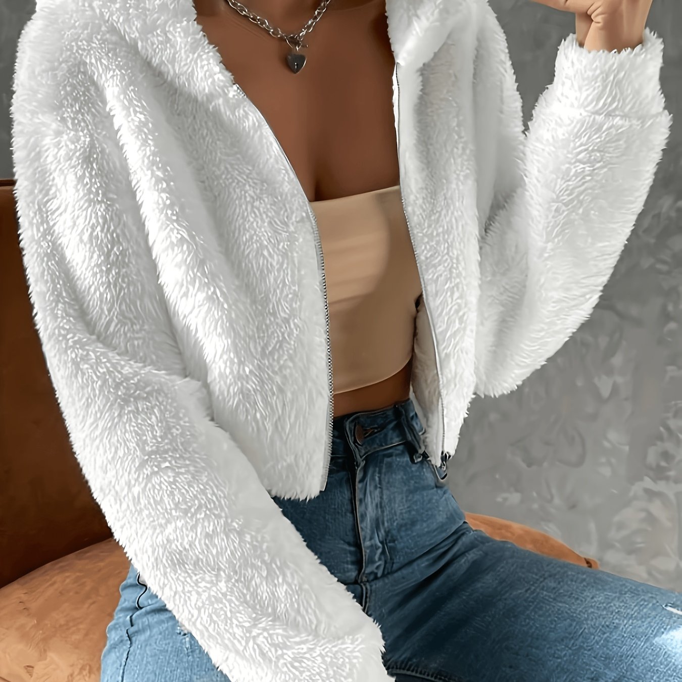 TEMU /winter 2026 Collection, Solid Color Double-sided Fleece Hooded Short Winter Jacket, Women's Elegant Style Front Zipper Closure Design For