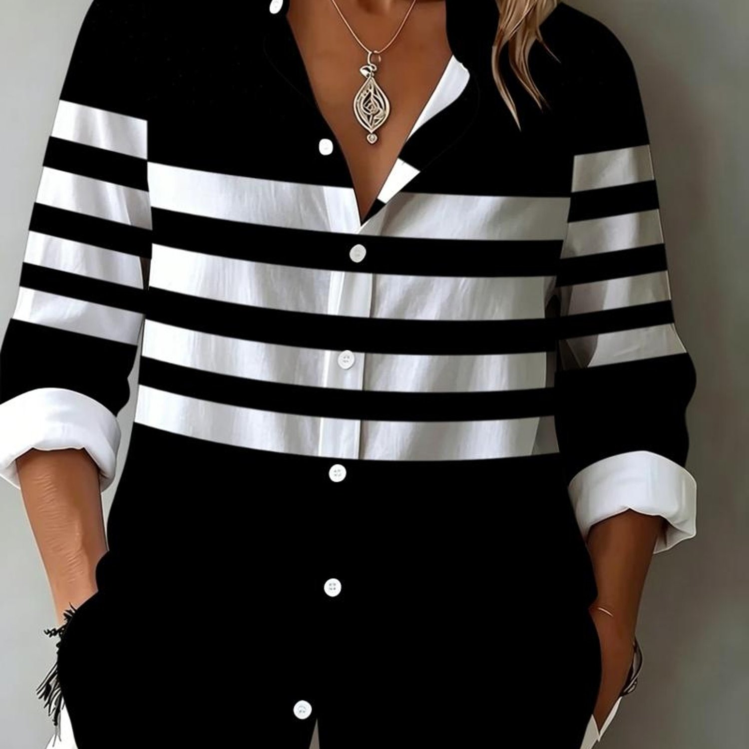 TEMU Women's Beautiful Long Sleeve Shirt, Color-block Segmented Striped Print Elements, Covering Daily , A Unique Easy And Elegant Style [printed