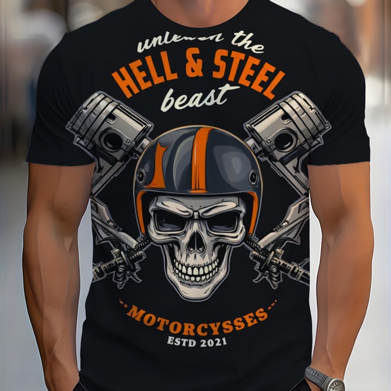 TEMU Men's Vintage Motorcycle Pattern T-shirt - Retro Tattoo Style Skull With Helmet And Piston, Release Background, Casual Short Sleeve Round Neck