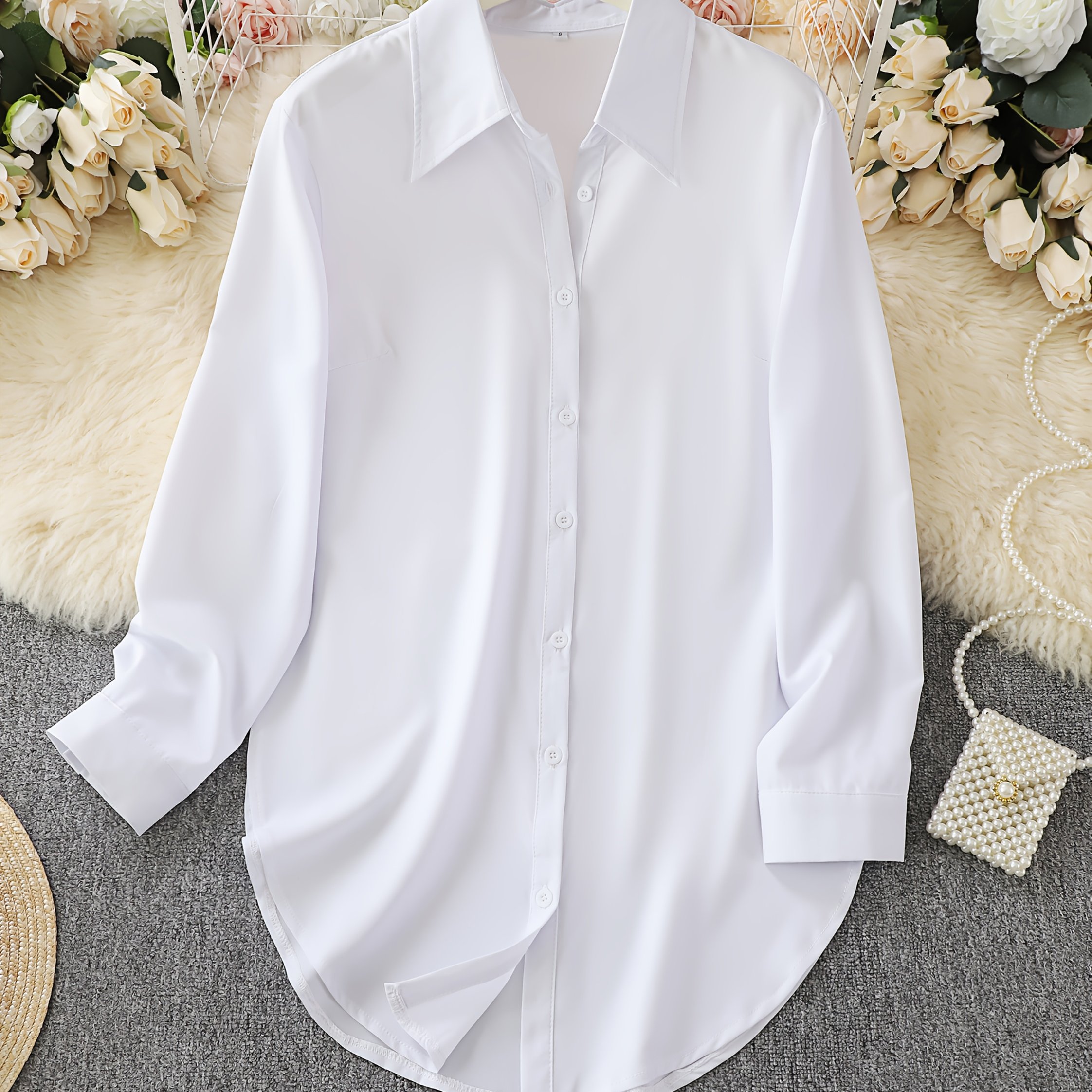 TEMU Plus Size, Plus Size Women's Shirt, Elegant Long Sleeve Shirt With Side Slits, Collared Button-up Shirt